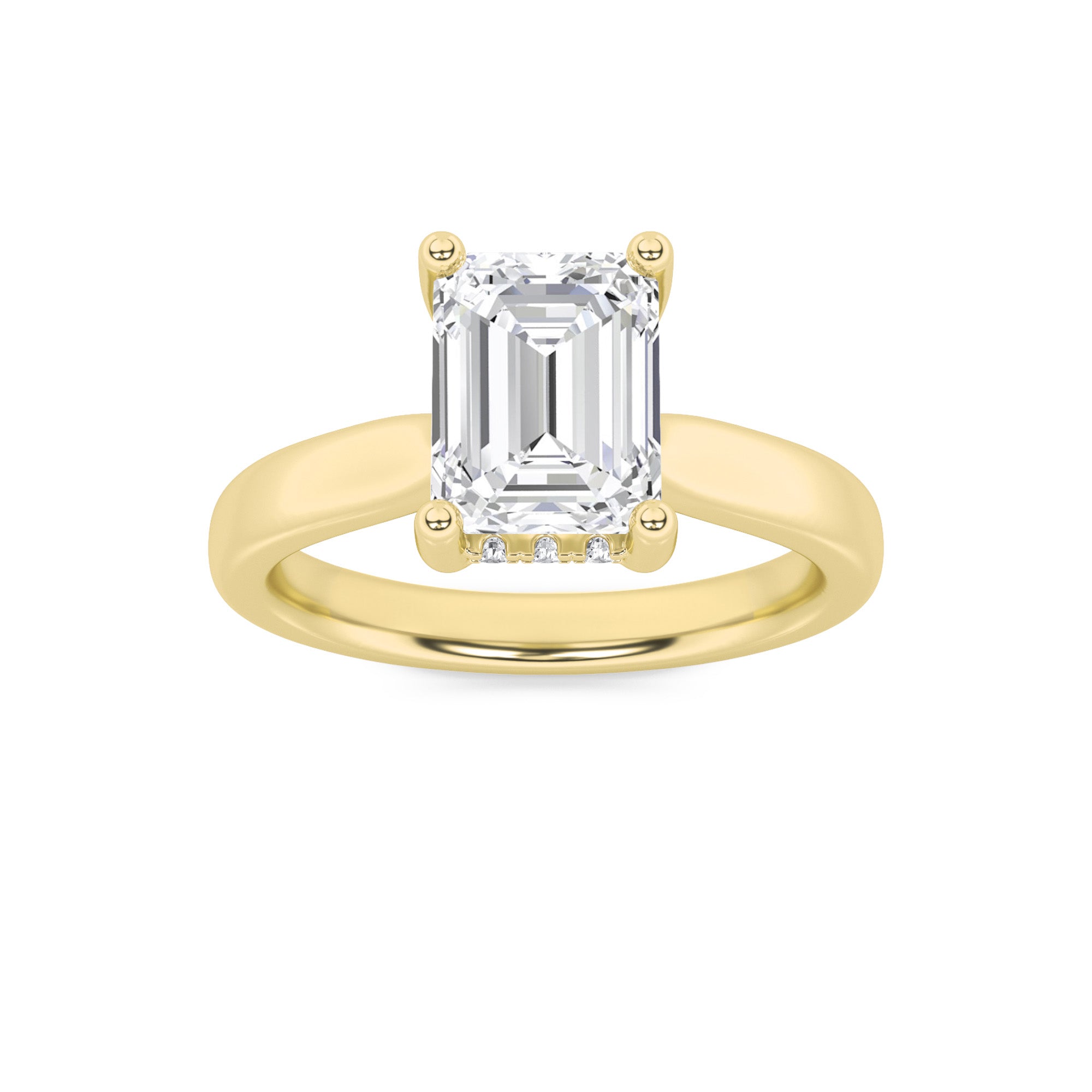 2CTW Emerald Shaped Lab Grown Diamond (F/VS) Hidden Halo Cathedral Shank Engagement Ring in 14K Gold