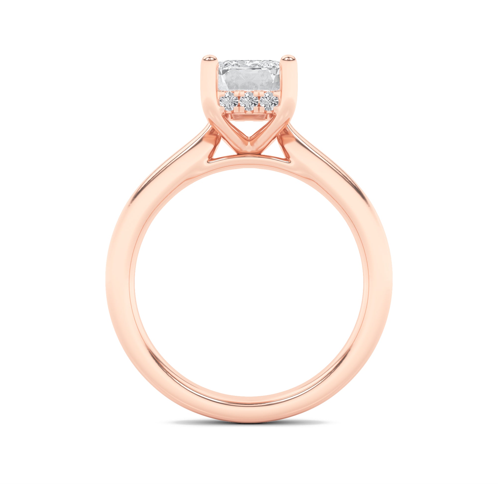 2CTW Emerald Shaped Lab Grown Diamond (F/VS) Hidden Halo Cathedral Shank Engagement Ring in 14K Gold