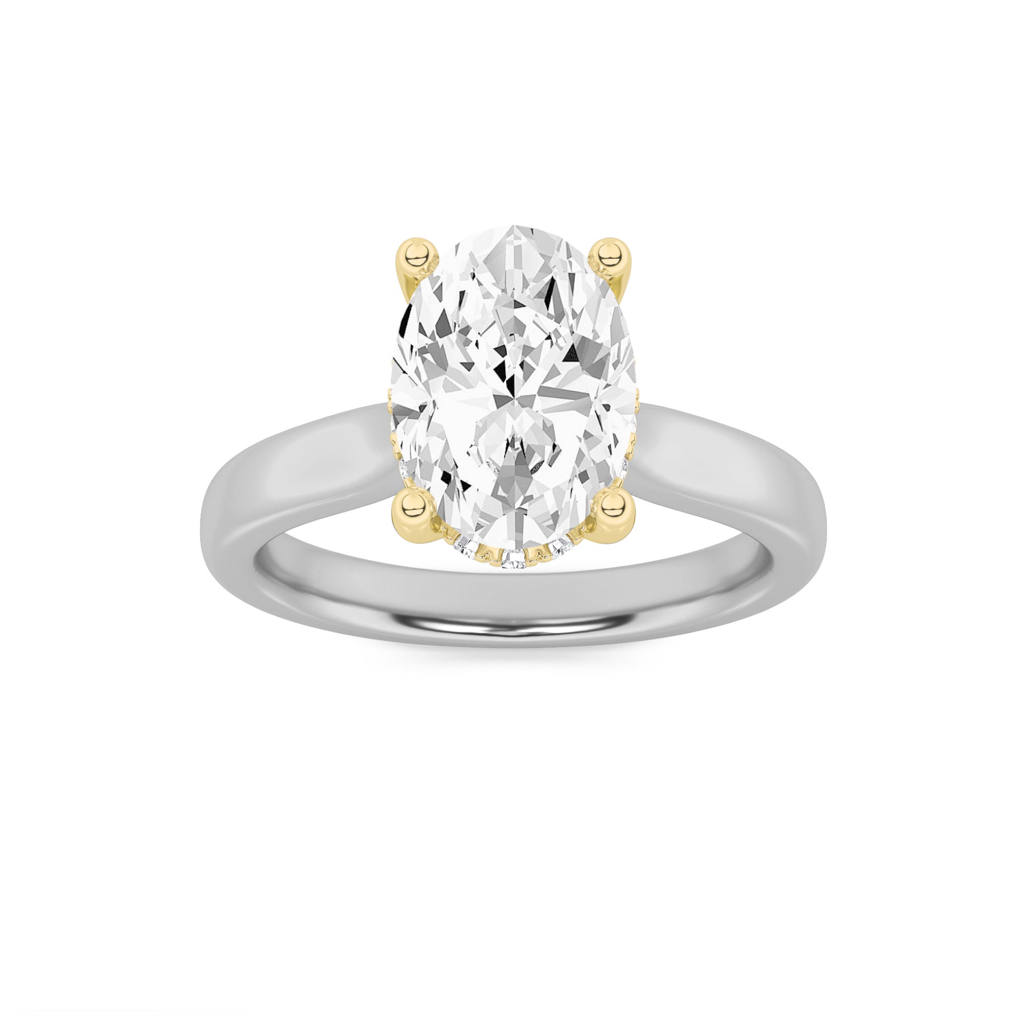2CTW Oval Shaped Lab Grown Diamond (F/VVS) Hidden Halo Cathedral Shank Engagement Ring in 14K Gold