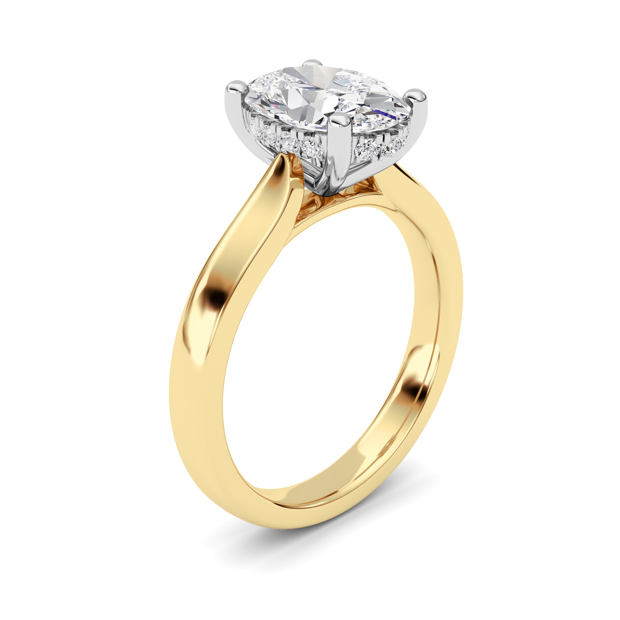 2CTW Oval Shaped Lab Grown Diamond (F/VVS) Hidden Halo Cathedral Shank Engagement Ring in 14K Gold