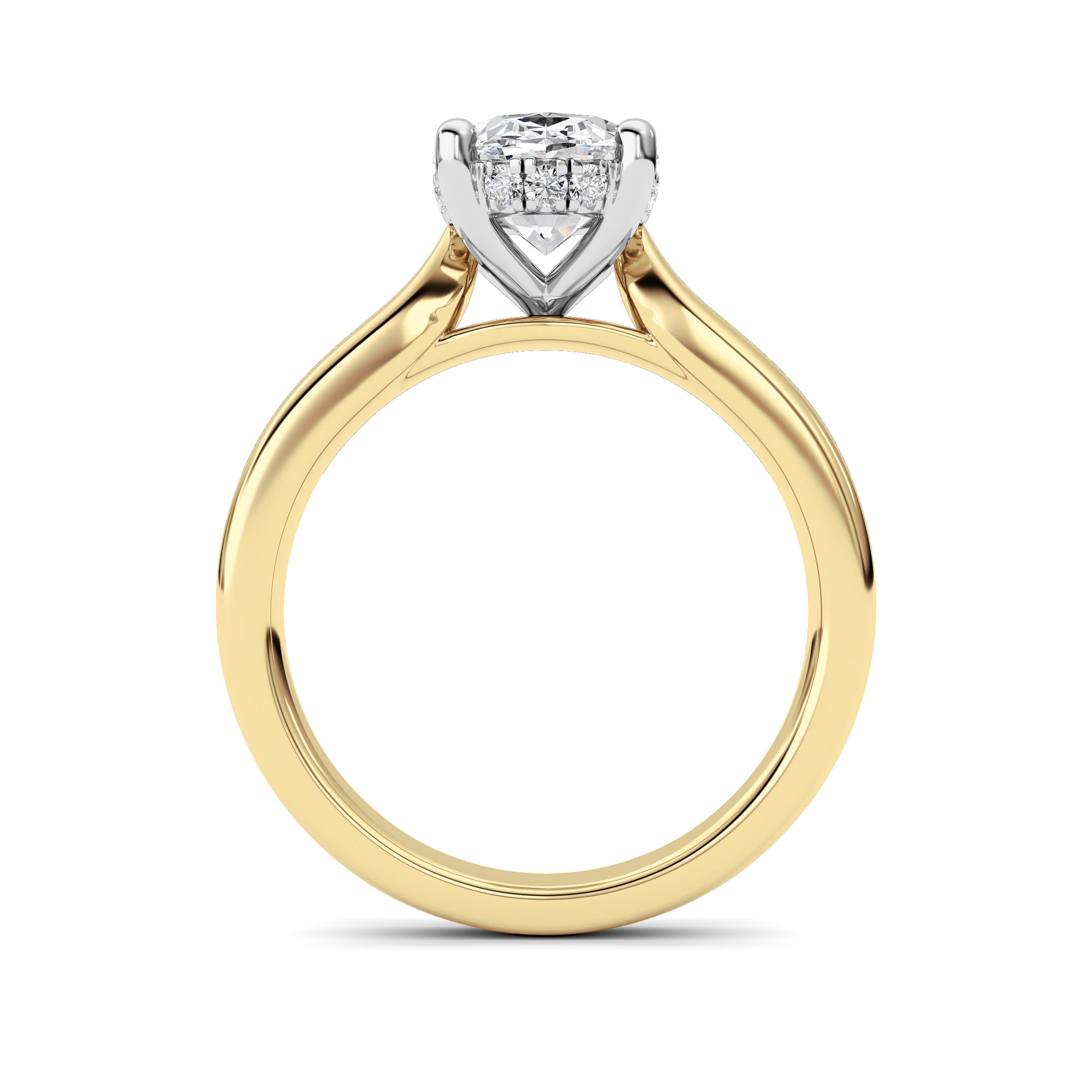 2CTW Oval Shaped Lab Grown Diamond (F/VVS) Hidden Halo Cathedral Shank Engagement Ring in 14K Gold