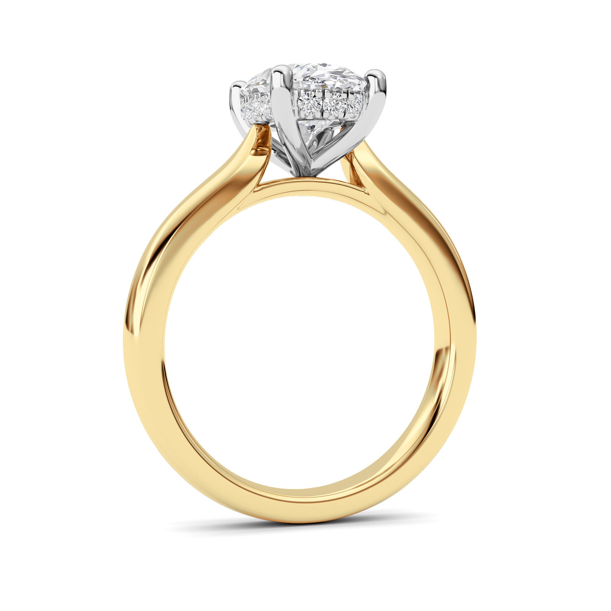 2CTW Oval Shaped Lab Grown Diamond (F/VVS) Hidden Halo Cathedral Shank Engagement Ring in 14K Gold