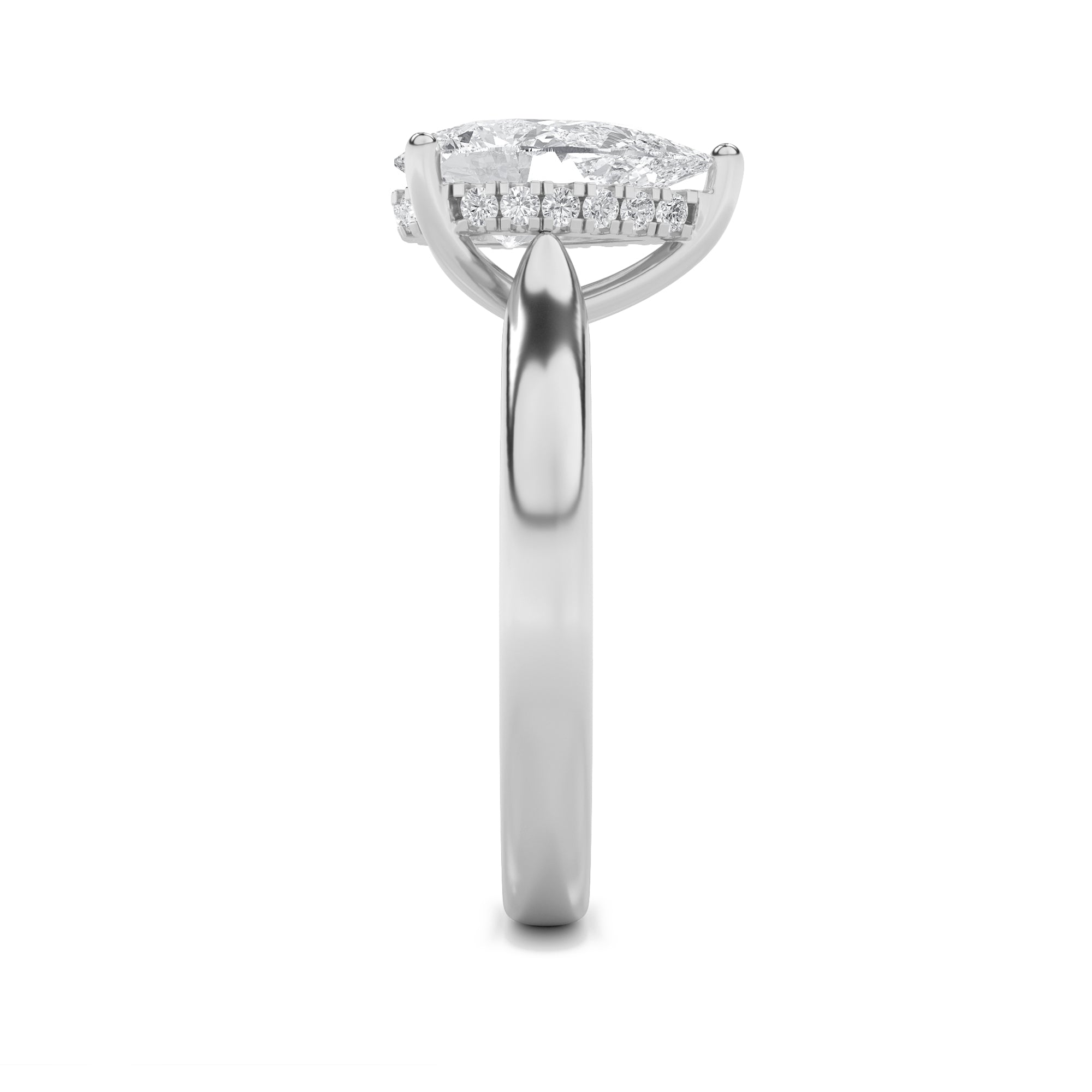 1CTW Pear Shaped Lab Grown Diamond (F/VS) Hidden Halo Cathedral Shank Engagement Ring in 14K Gold