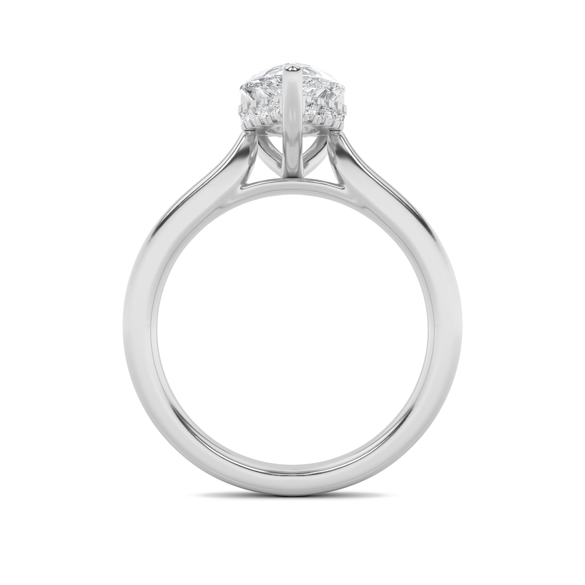 2CTW Pear Shaped Lab Grown Diamond (F/VS) Hidden Halo Cathedral Shank Engagement Ring in 14K Gold