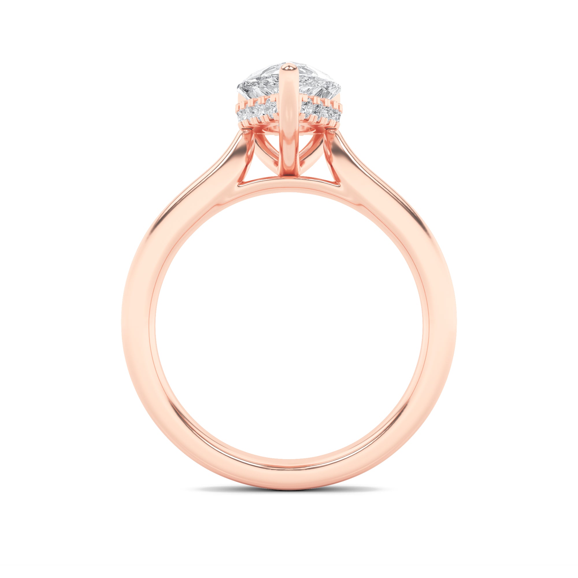 2CTW Pear Shaped Lab Grown Diamond (F/VS) Hidden Halo Cathedral Shank Engagement Ring in 14K Gold