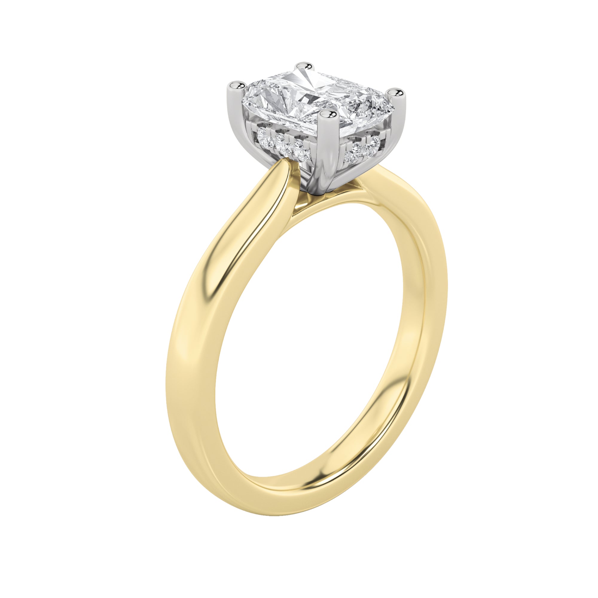 3CTW Radiant Shaped Lab Grown Diamond (F/VVS) Hidden Halo Cathedral Shank Engagement Ring in 14K Gold