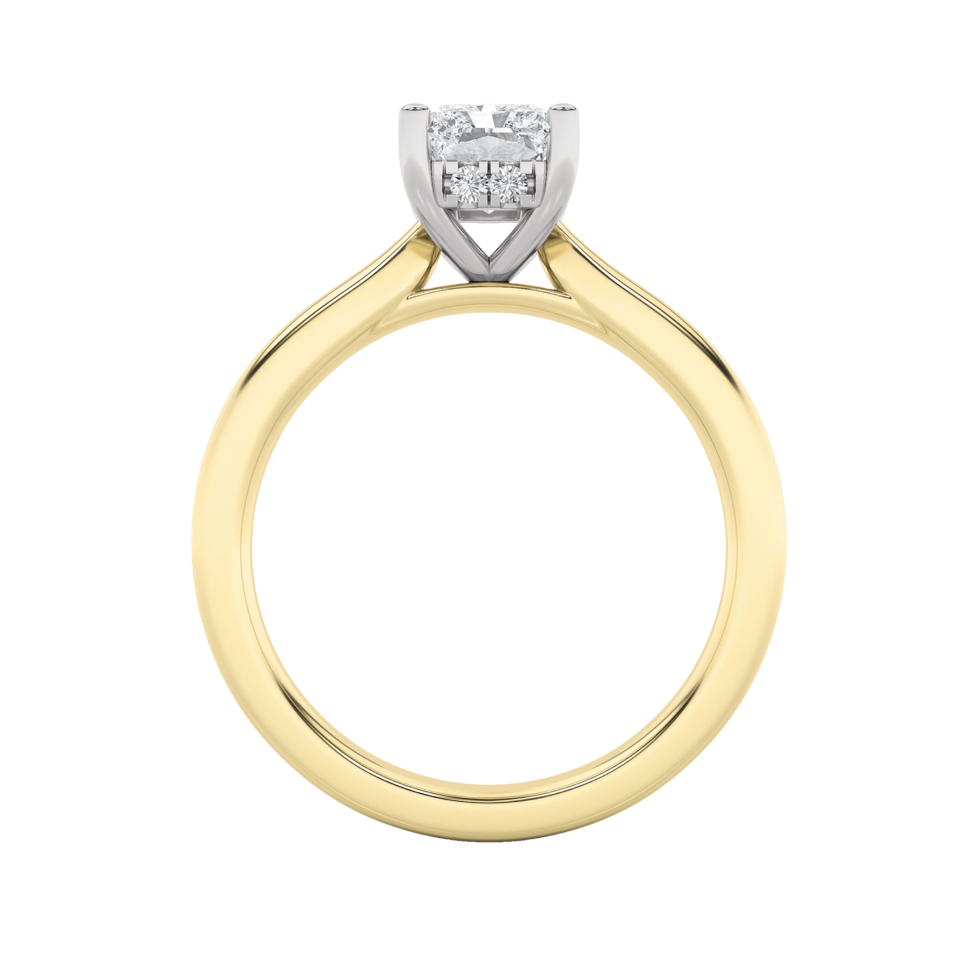 3CTW Radiant Shaped Lab Grown Diamond (F/VVS) Hidden Halo Cathedral Shank Engagement Ring in 14K Gold