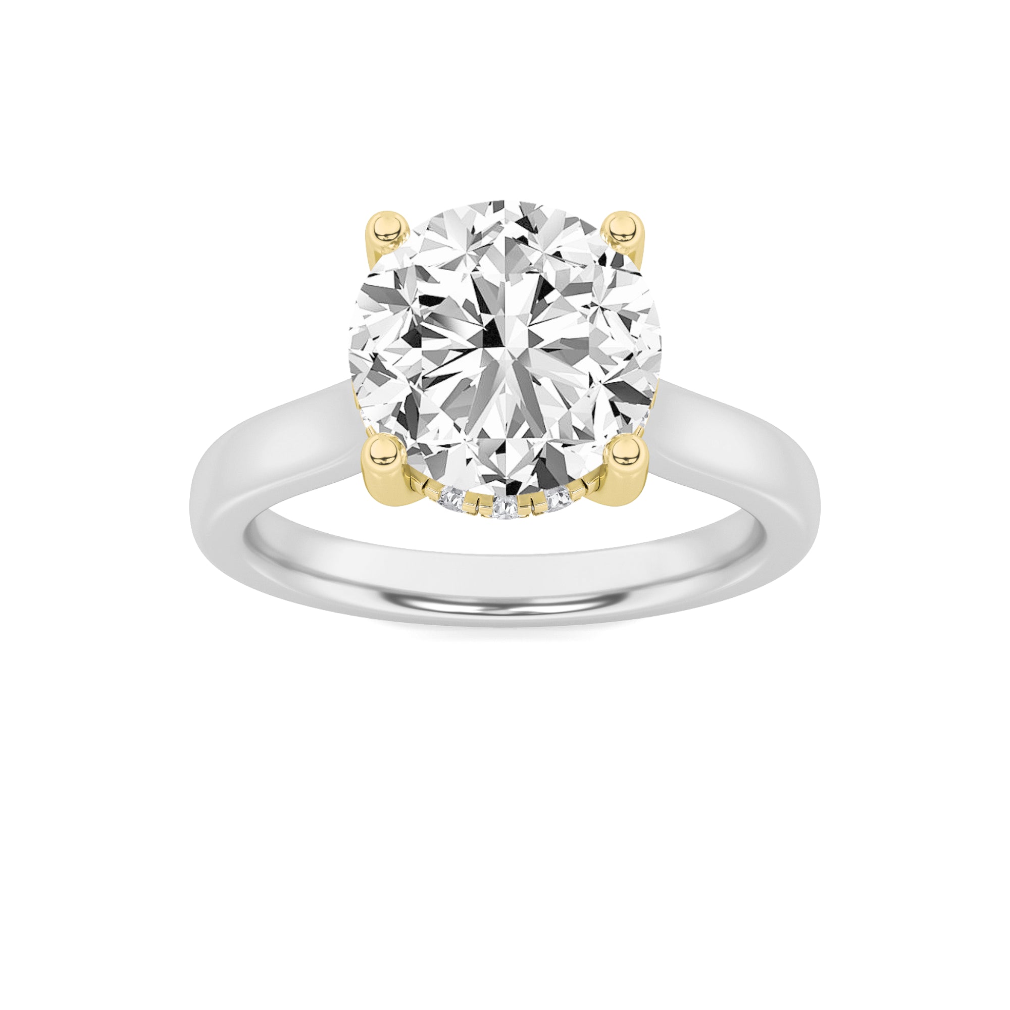 3CTW Round Shaped Lab Grown Diamond (F/VS) Hidden Halo Cathedral Shank Engagement Ring in 14K Gold