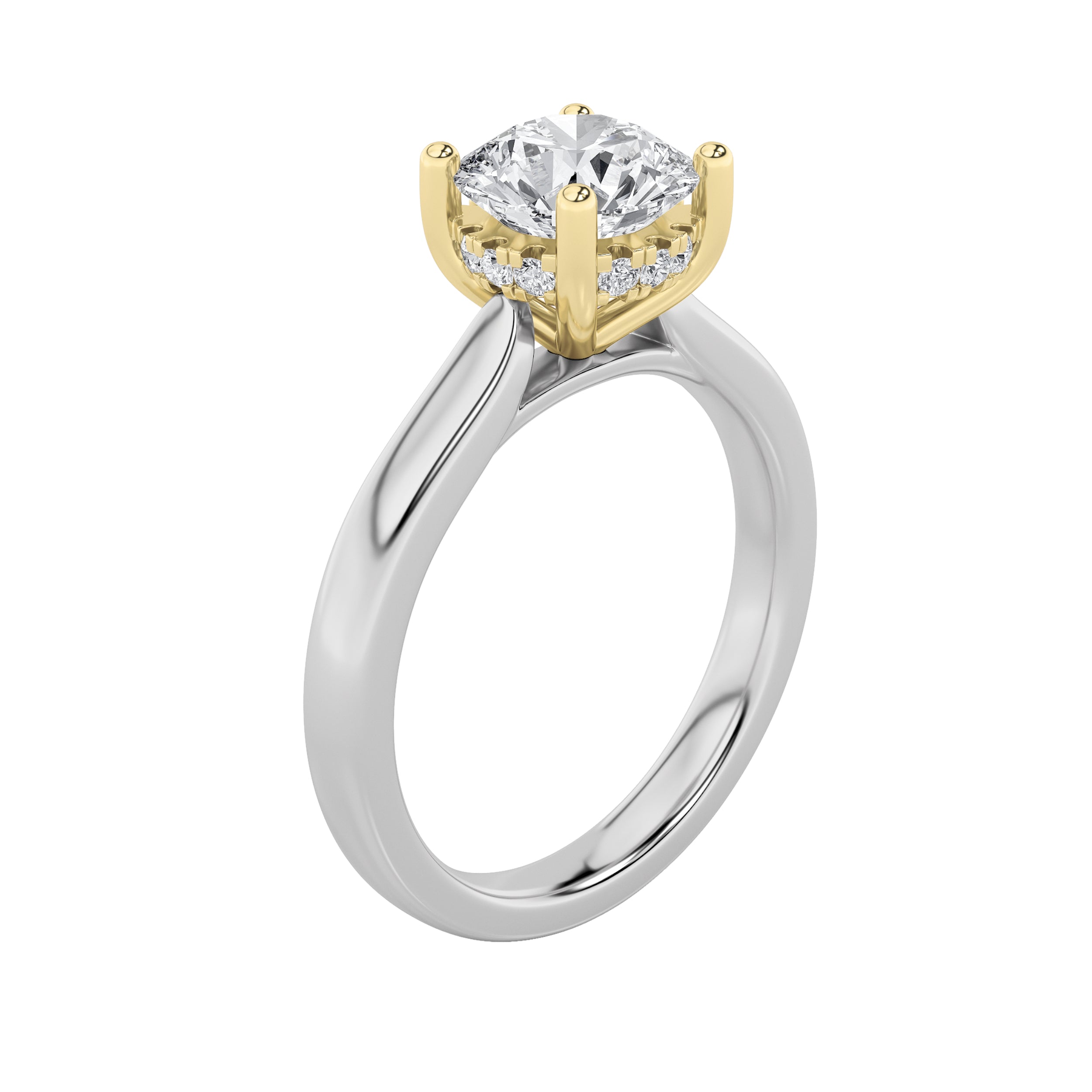 3CTW Round Shaped Lab Grown Diamond (F/VS) Hidden Halo Cathedral Shank Engagement Ring in 14K Gold