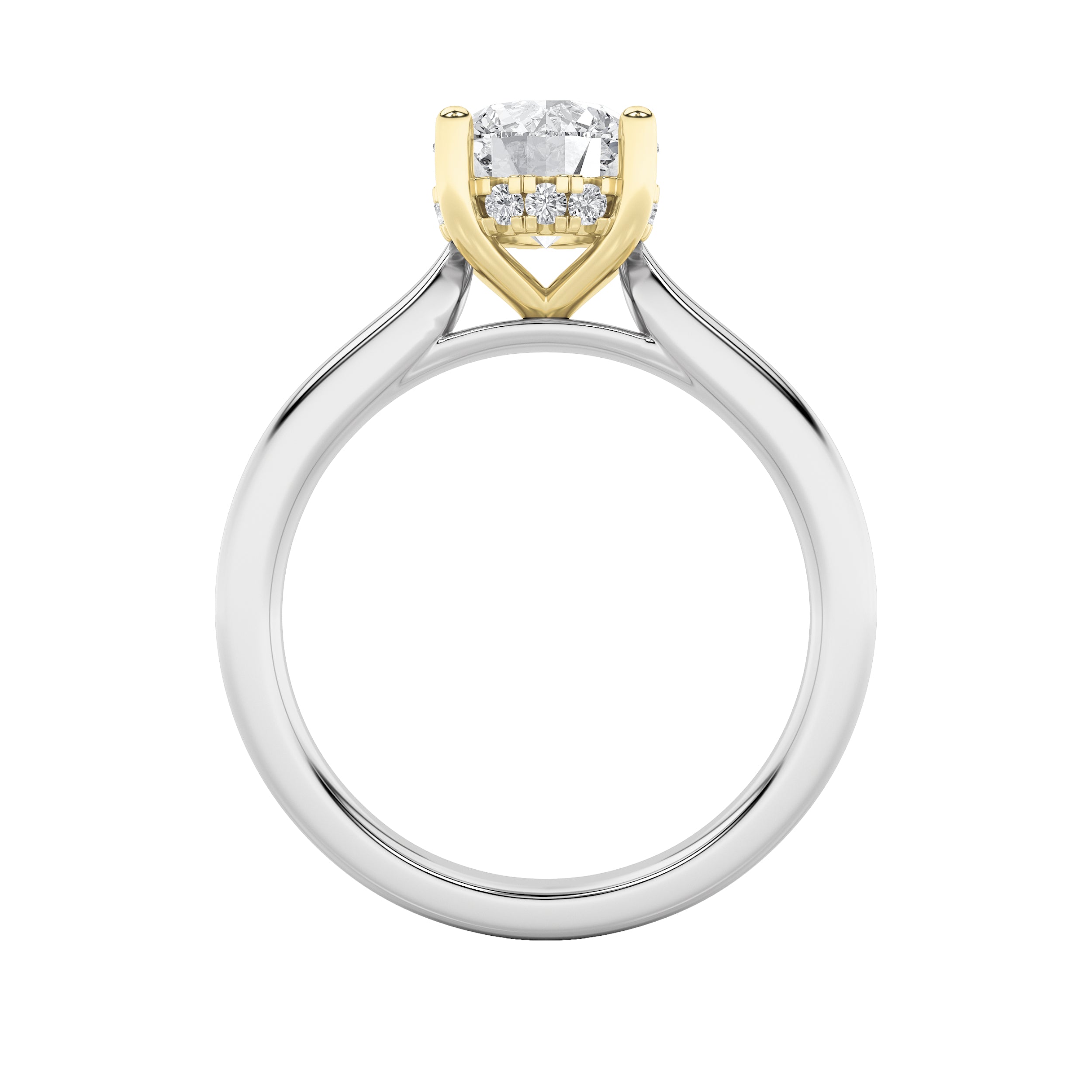 3CTW Round Shaped Lab Grown Diamond (F/VS) Hidden Halo Cathedral Shank Engagement Ring in 14K Gold