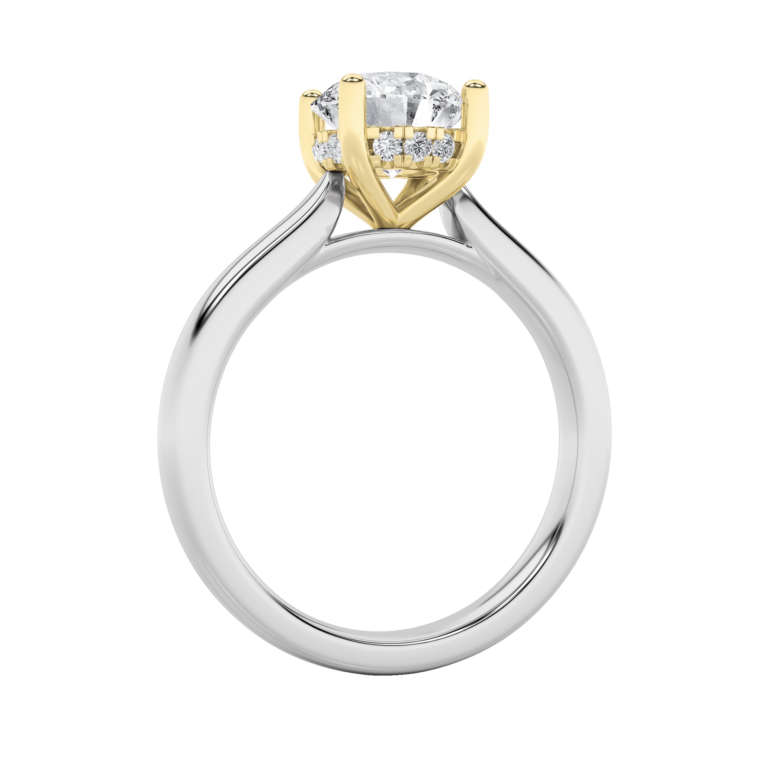 3CTW Round Shaped Lab Grown Diamond (F/VS) Hidden Halo Cathedral Shank Engagement Ring in 14K Gold