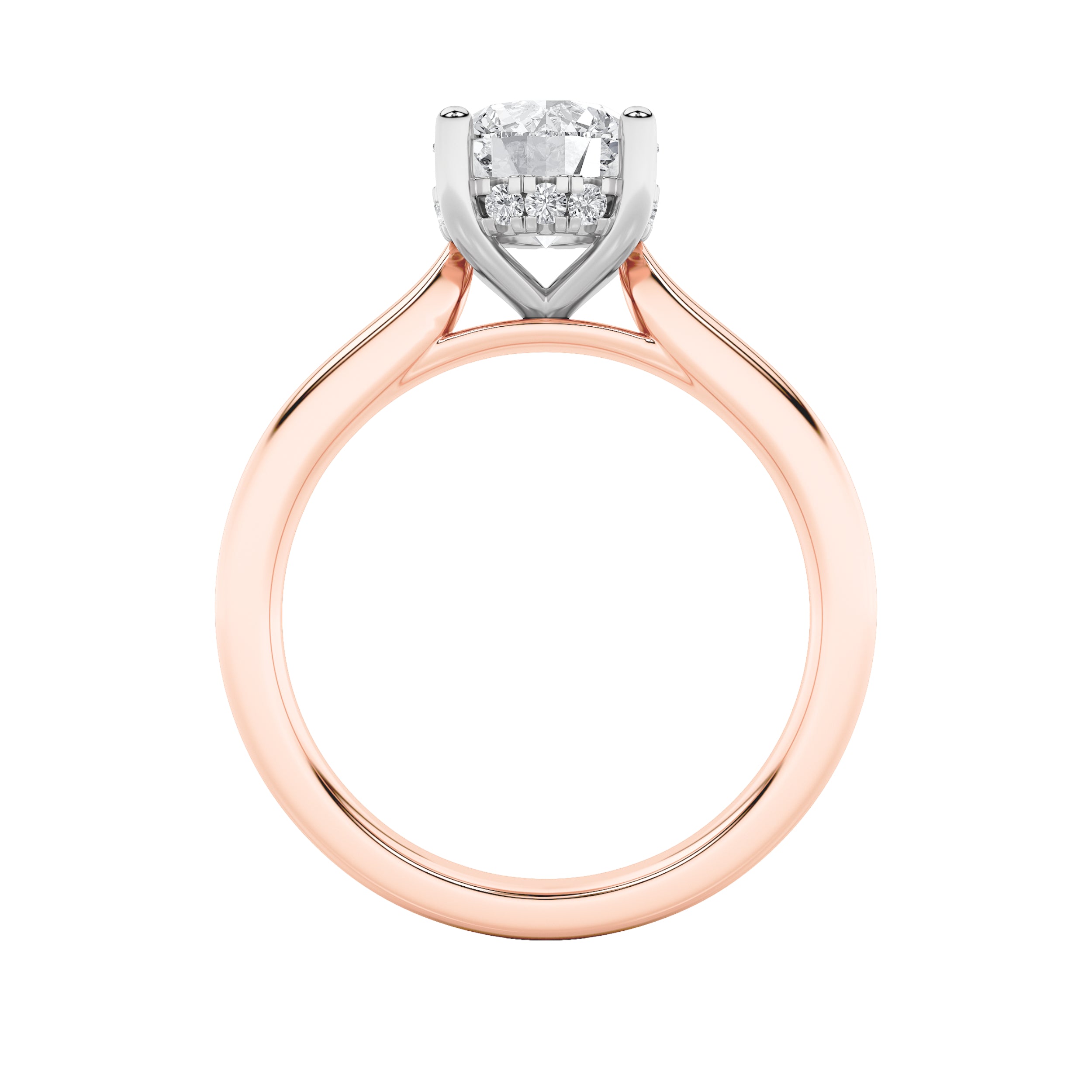 3CTW Round Shaped Lab Grown Diamond (F/VS) Hidden Halo Cathedral Shank Engagement Ring in 14K Gold