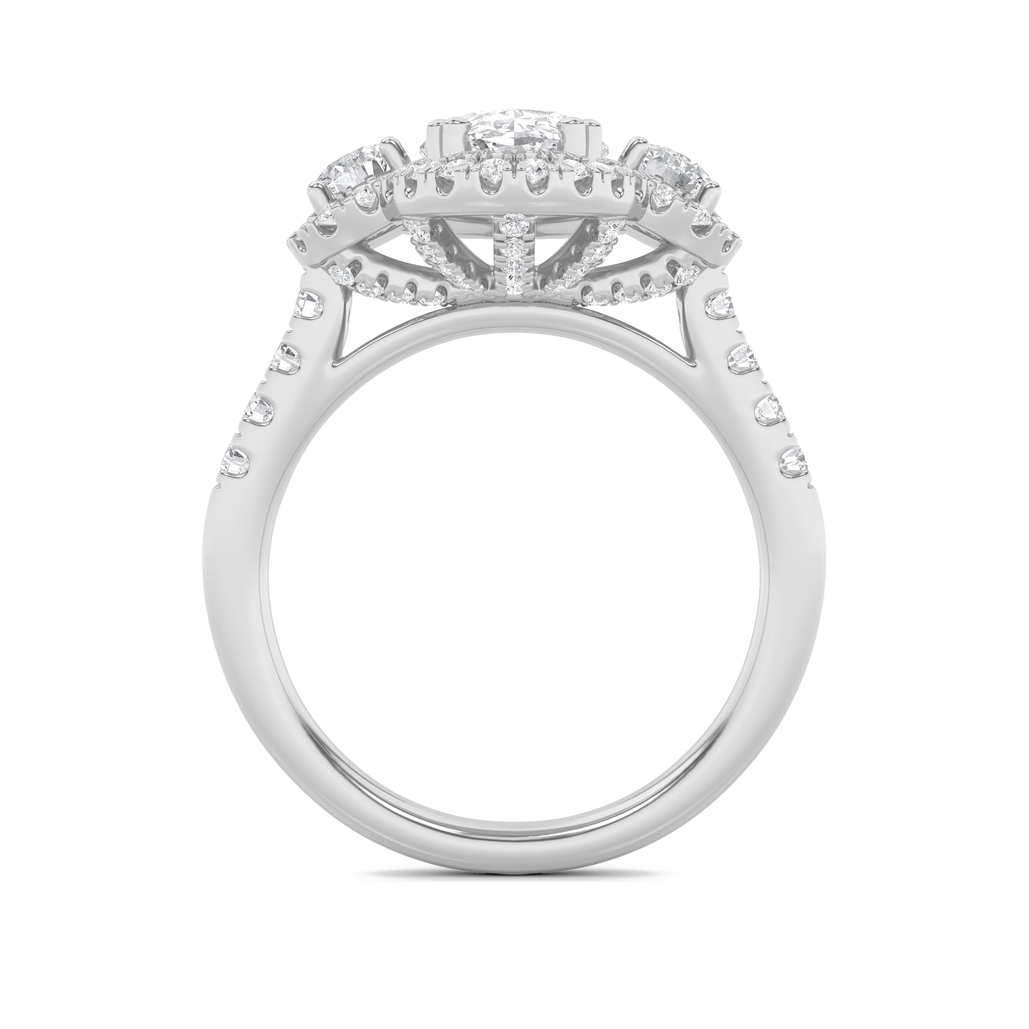 3CTW Oval Shaped Lab Grown Diamond (F/VS) Three Stone Accented Ring in 14K Gold