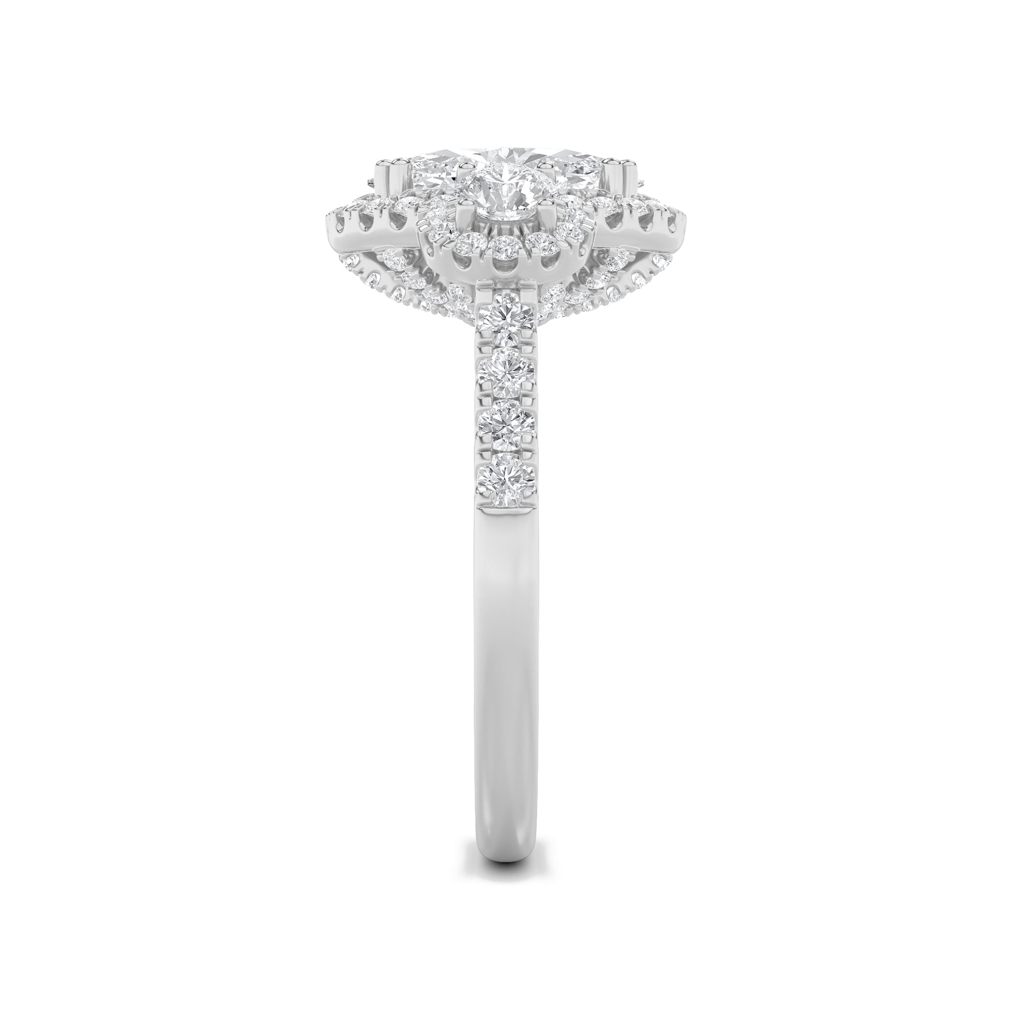 3CTW Oval Shaped Lab Grown Diamond (F/VS) Three Stone Accented Ring in 14K Gold
