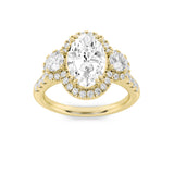 3CTW Oval Shaped Lab Grown Diamond (F/VS) Three Stone Accented Ring in 14K Gold