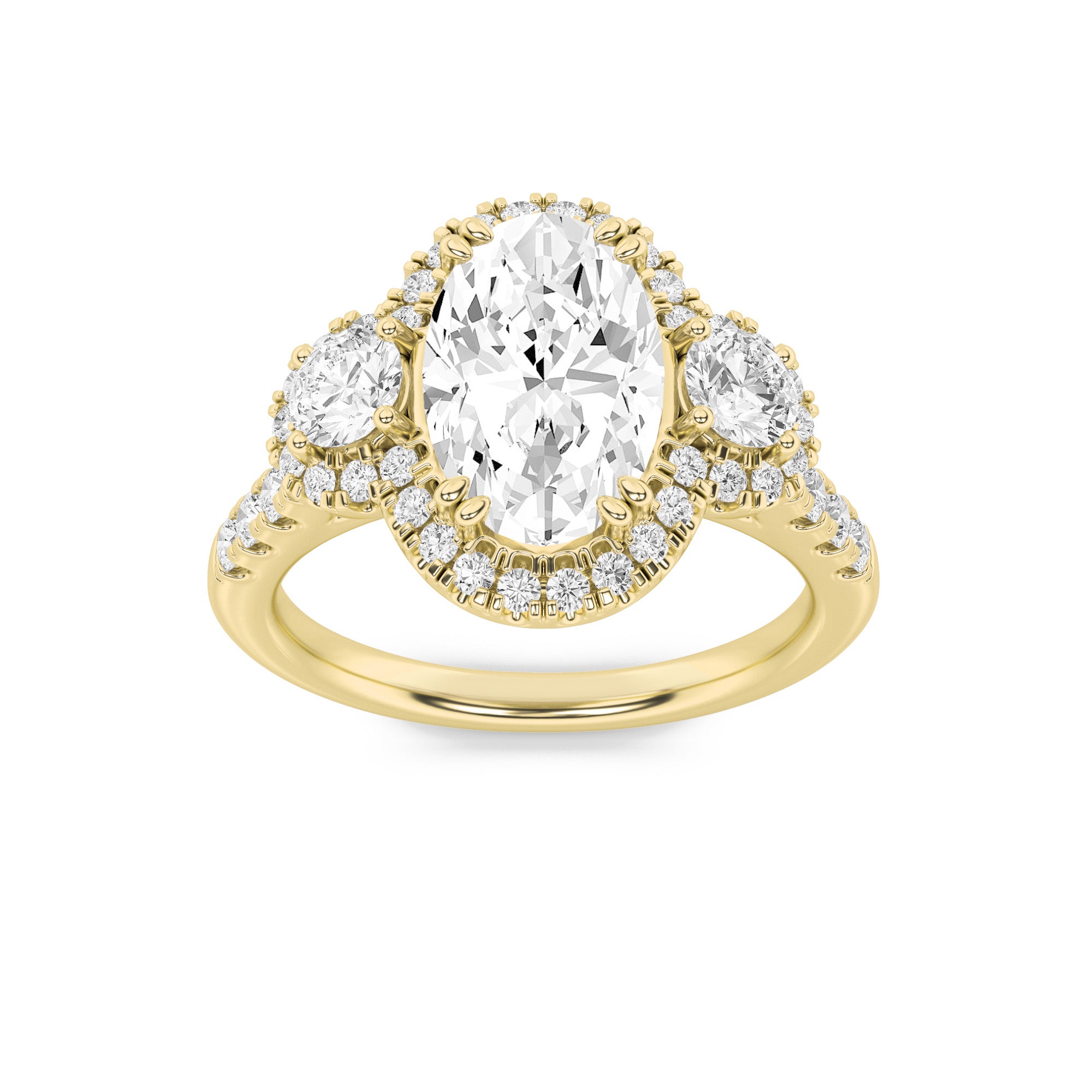 3CTW Oval Shaped Lab Grown Diamond (F/VS) Three Stone Accented Ring in 14K Gold