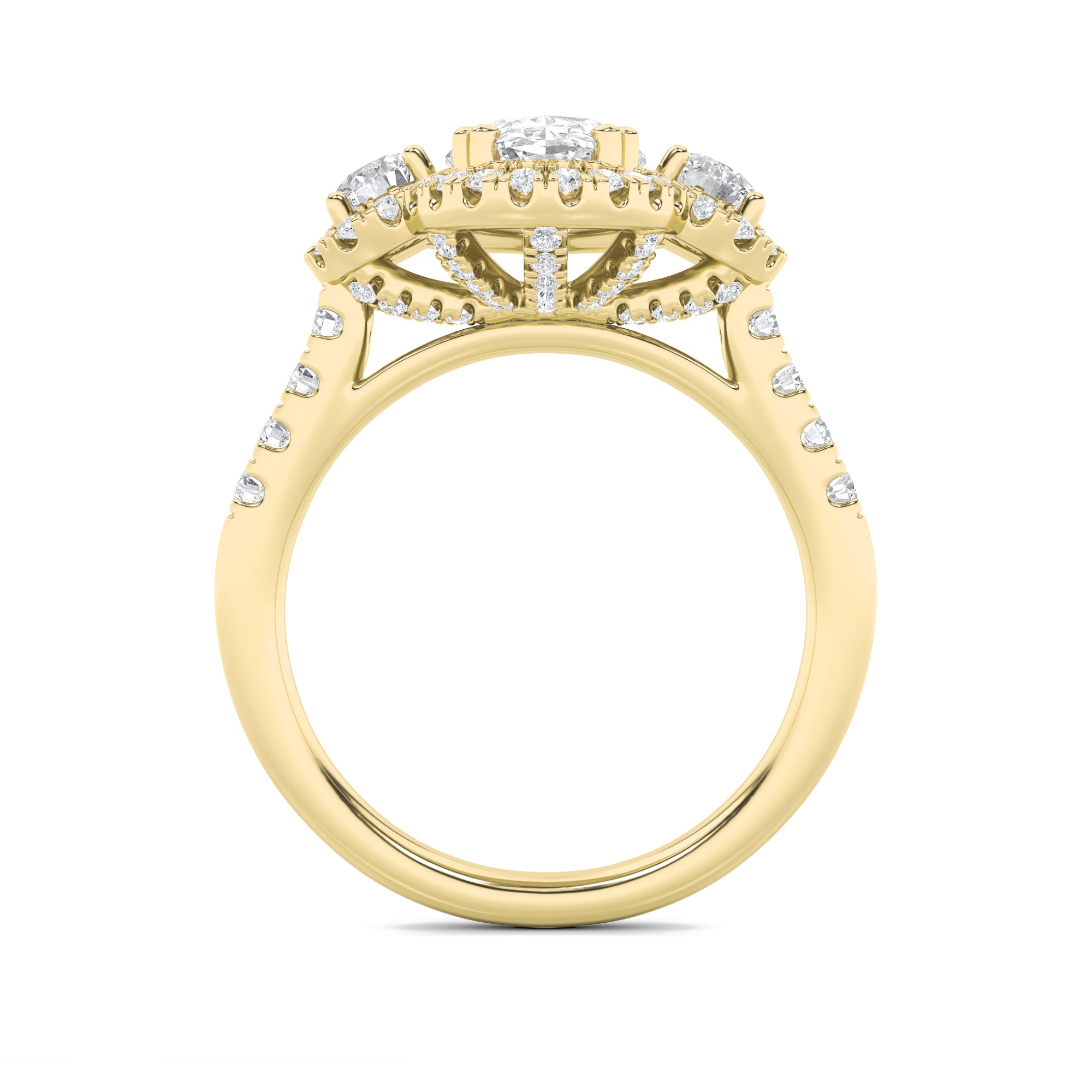 3CTW Oval Shaped Lab Grown Diamond (F/VS) Three Stone Accented Ring in 14K Gold