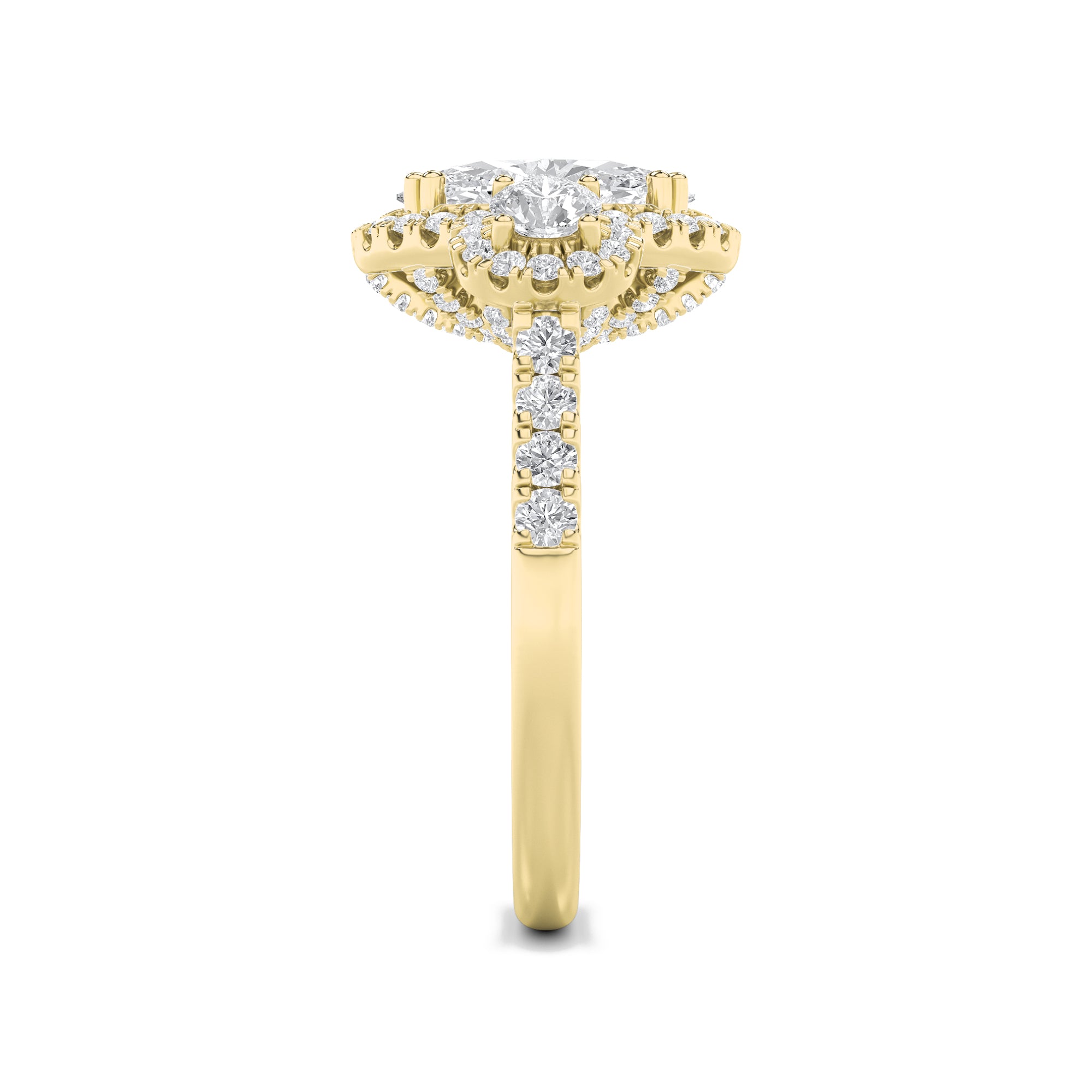 3CTW Oval Shaped Lab Grown Diamond (F/VS) Three Stone Accented Ring in 14K Gold