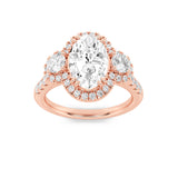 3CTW Oval Shaped Lab Grown Diamond (F/VS) Three Stone Accented Ring in 14K Gold