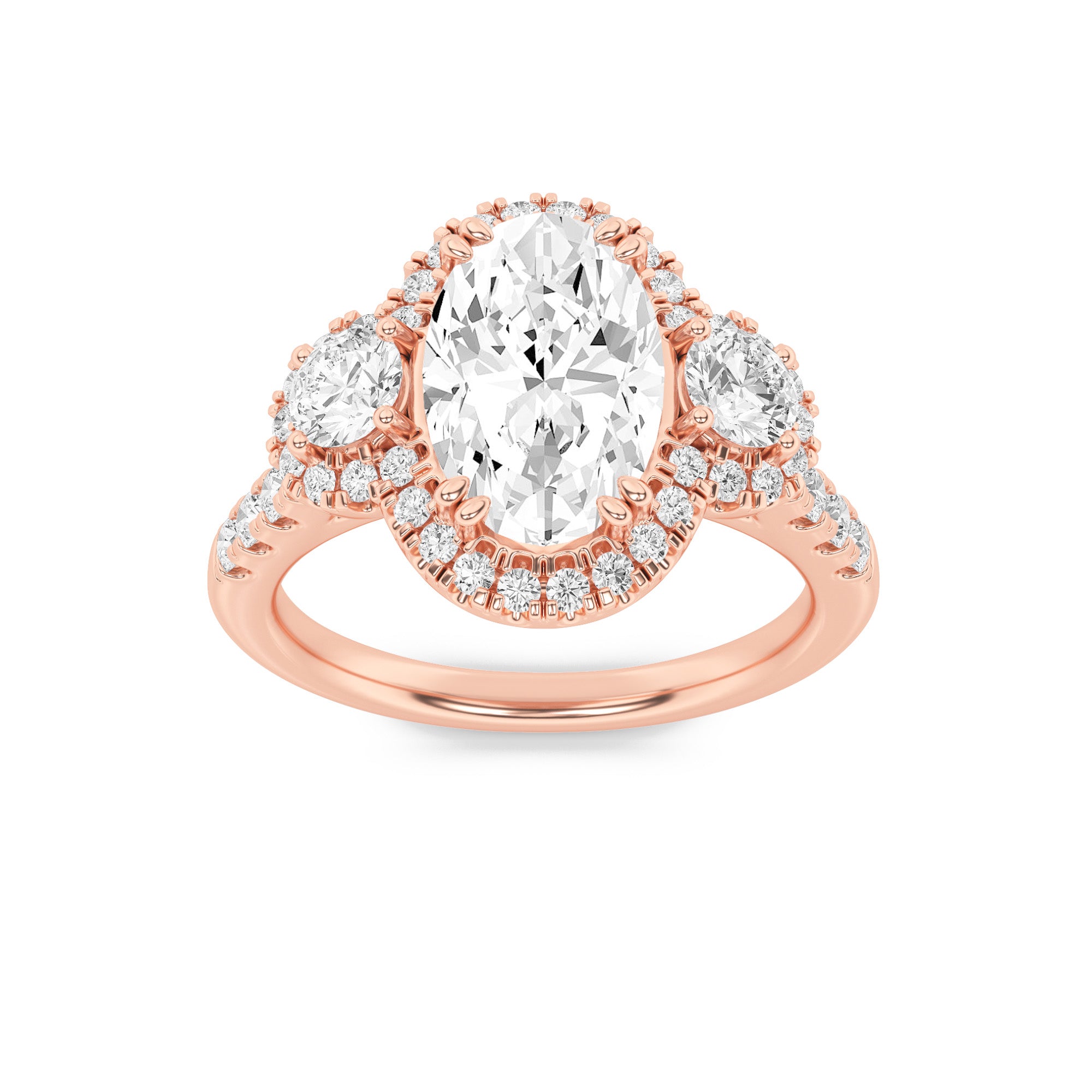 3CTW Oval Shaped Lab Grown Diamond (F/VS) Three Stone Accented Ring in 14K Gold