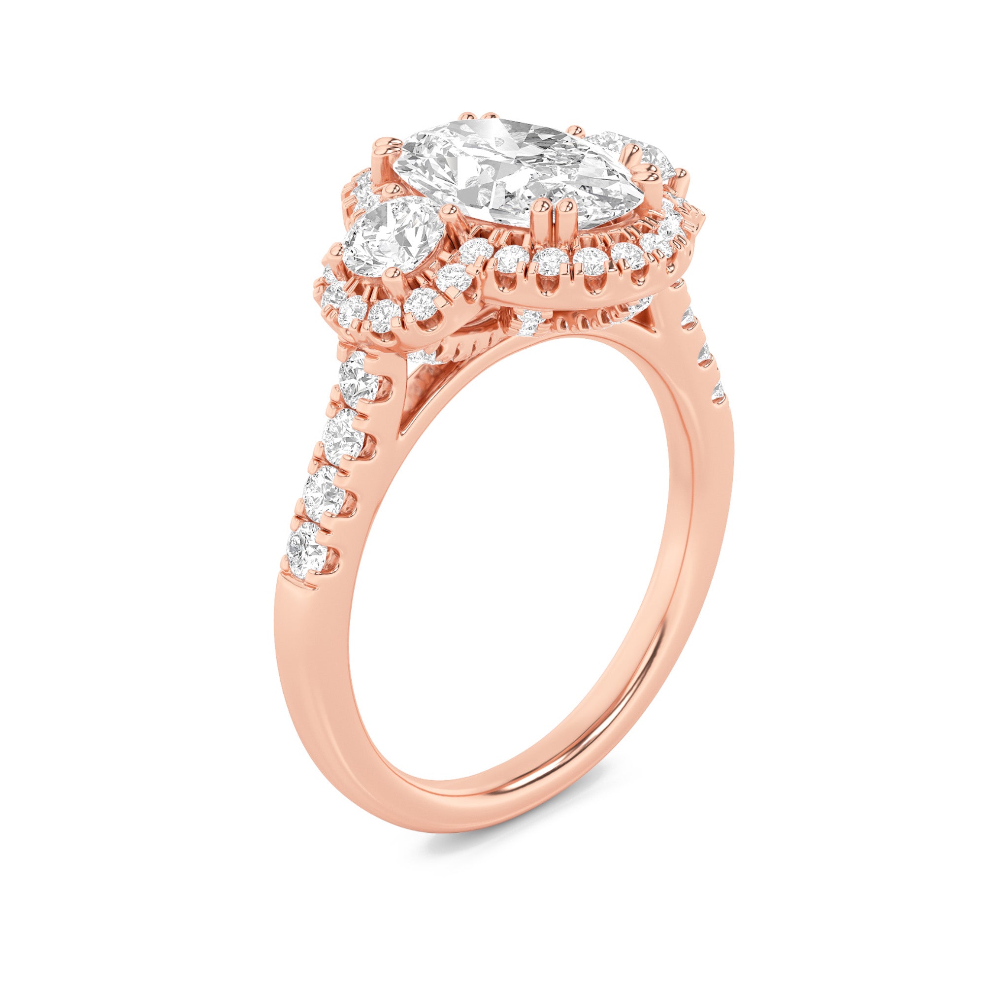 3CTW Oval Shaped Lab Grown Diamond (F/VS) Three Stone Accented Ring in 14K Gold