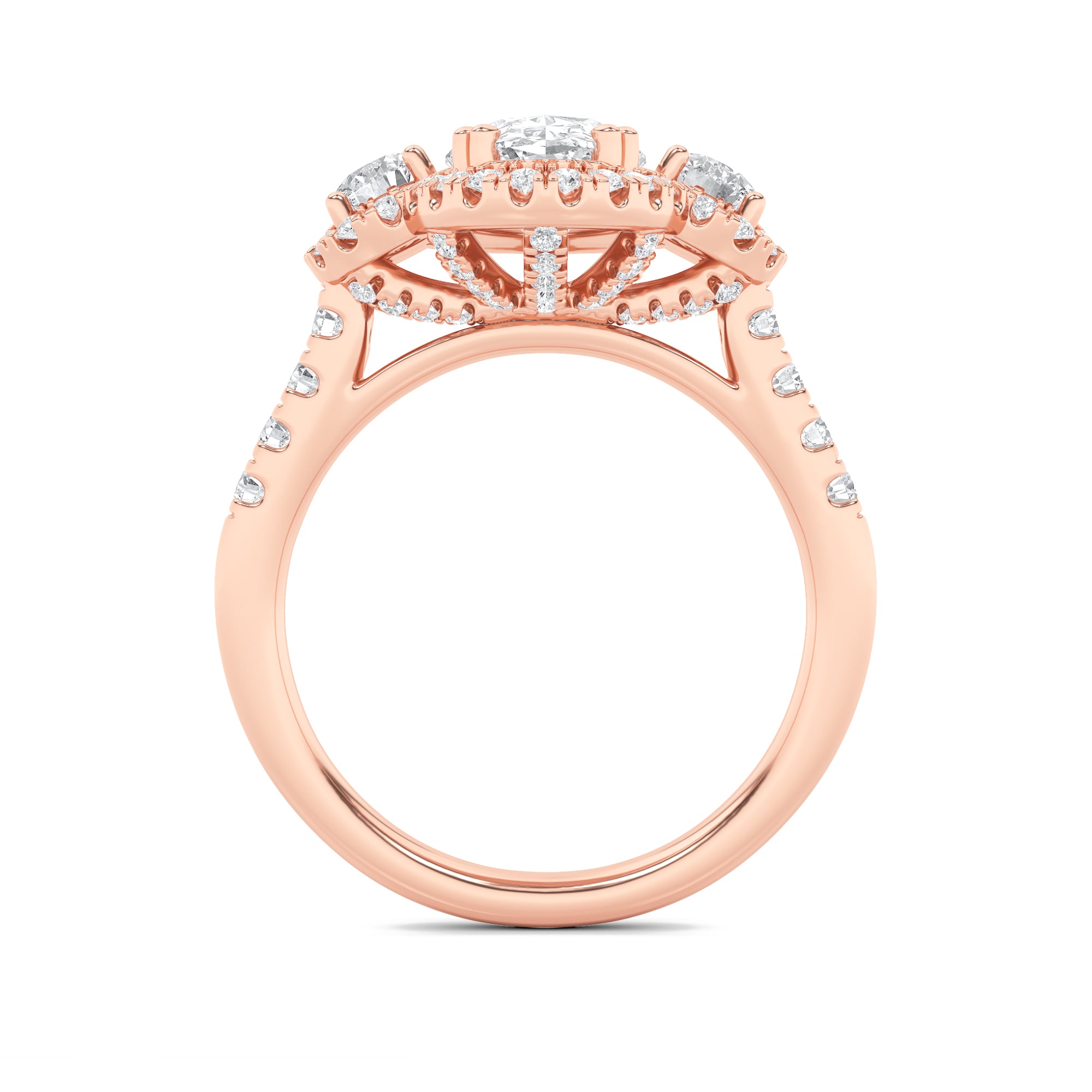3CTW Oval Shaped Lab Grown Diamond (F/VS) Three Stone Accented Ring in 14K Gold