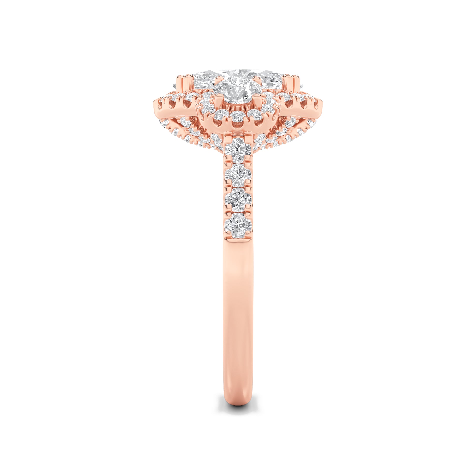 3CTW Oval Shaped Lab Grown Diamond (F/VS) Three Stone Accented Ring in 14K Gold