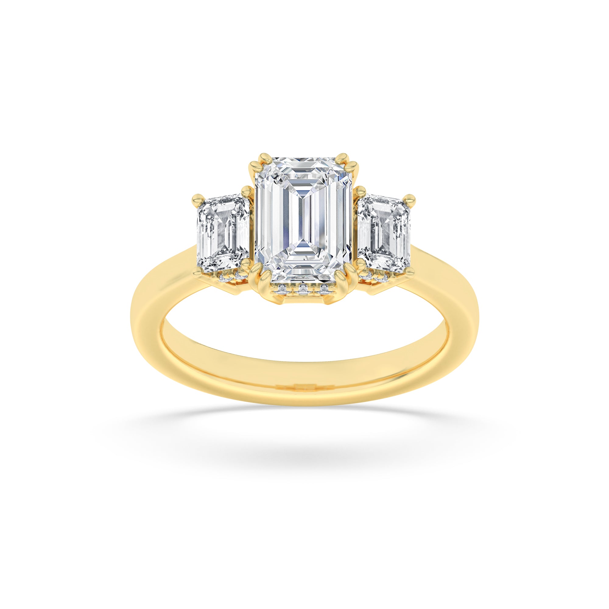 3CTW Emerald Shaped Lab Grown Diamond (F/VS) Three Stone Accented Ring in 14K Gold