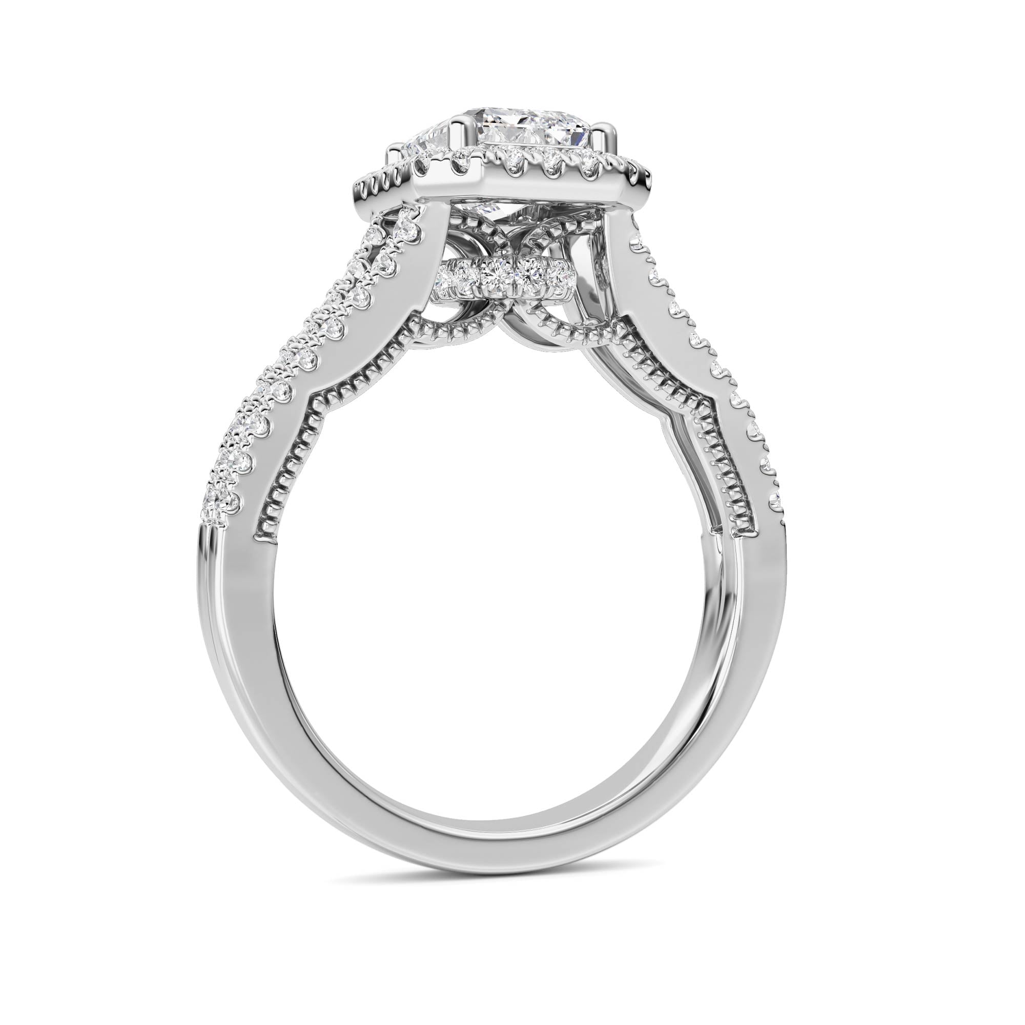 2CTW Emerald Shaped Lab Grown Diamond (F/VS) Split shank Accented Ring in 14K Gold