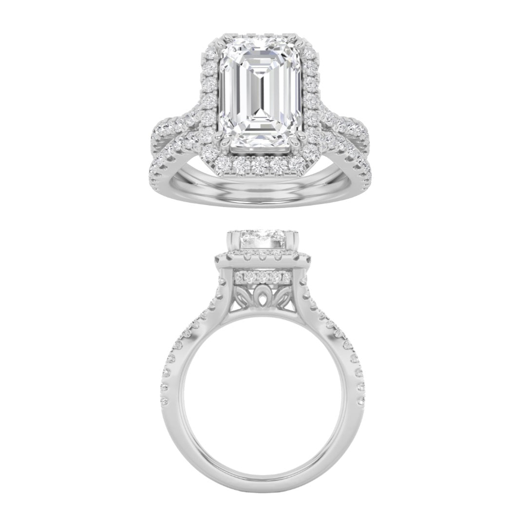 3CTW Emerald Shaped Lab Grown Diamond (F/VS) Split shank Accented Ring in 14K Gold