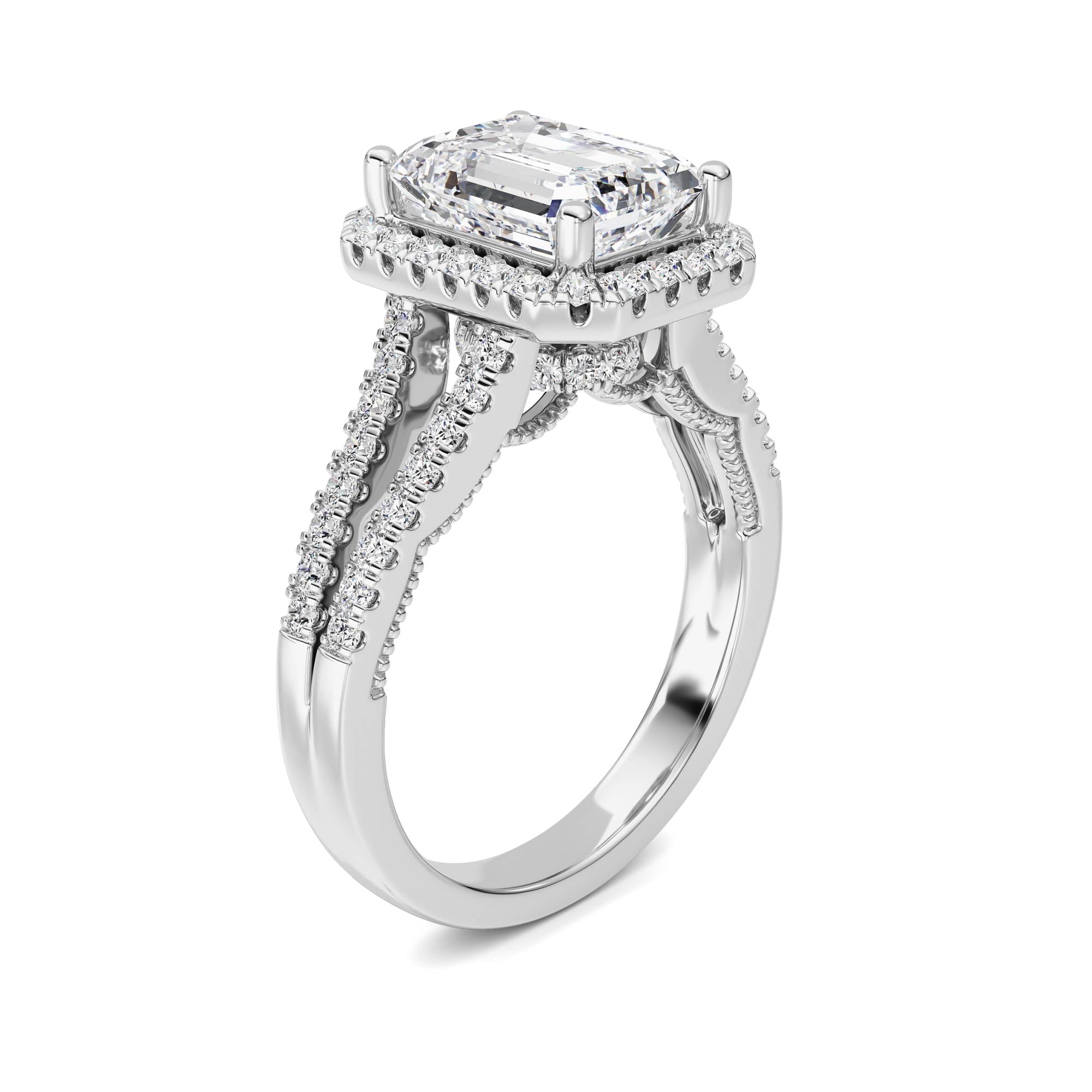 3CTW Emerald Shaped Lab Grown Diamond (F/VS) Split shank Accented Ring in 14K Gold