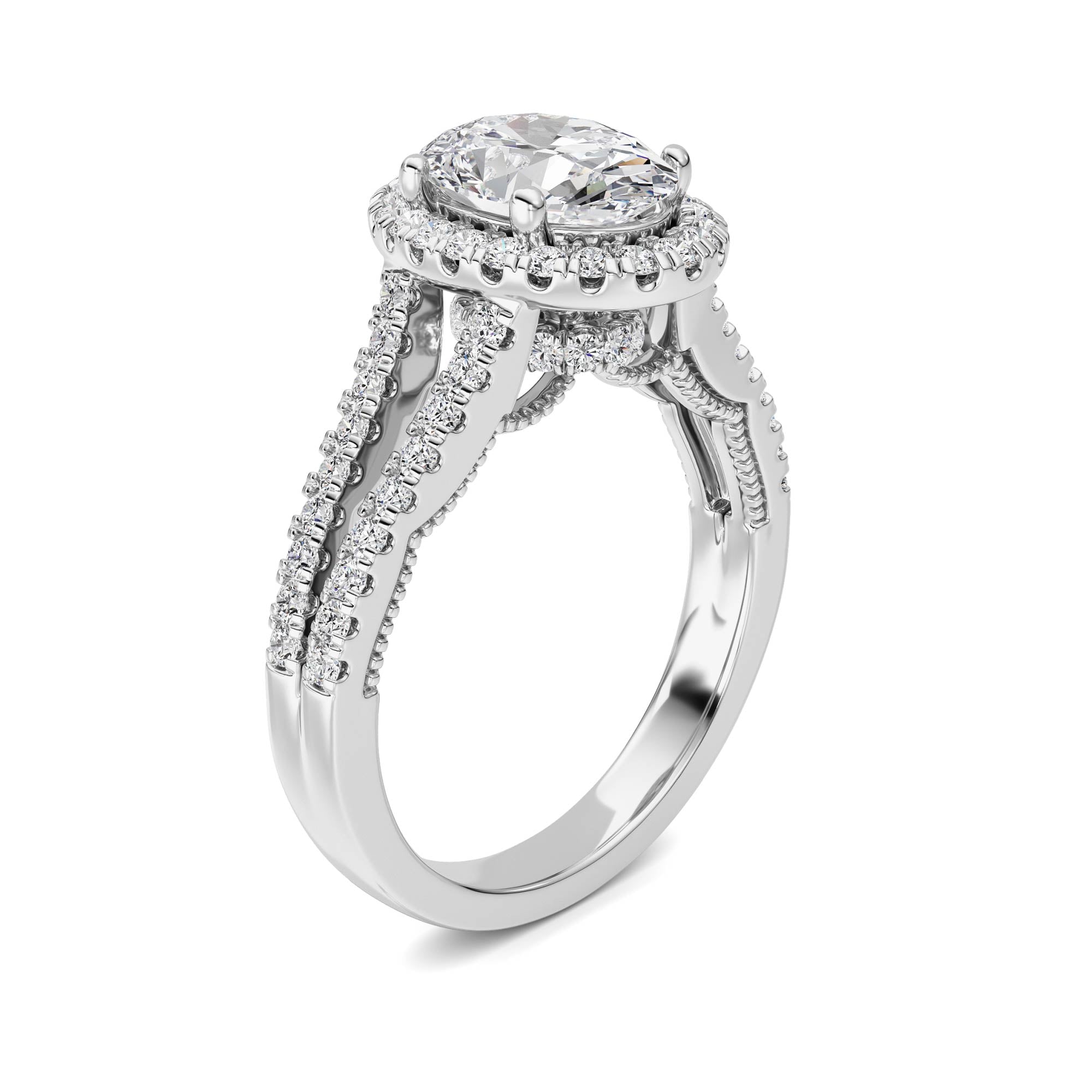 2CTW Oval Shaped Lab Grown Diamond (F/VS) Split shank Accented Ring in 14K Gold