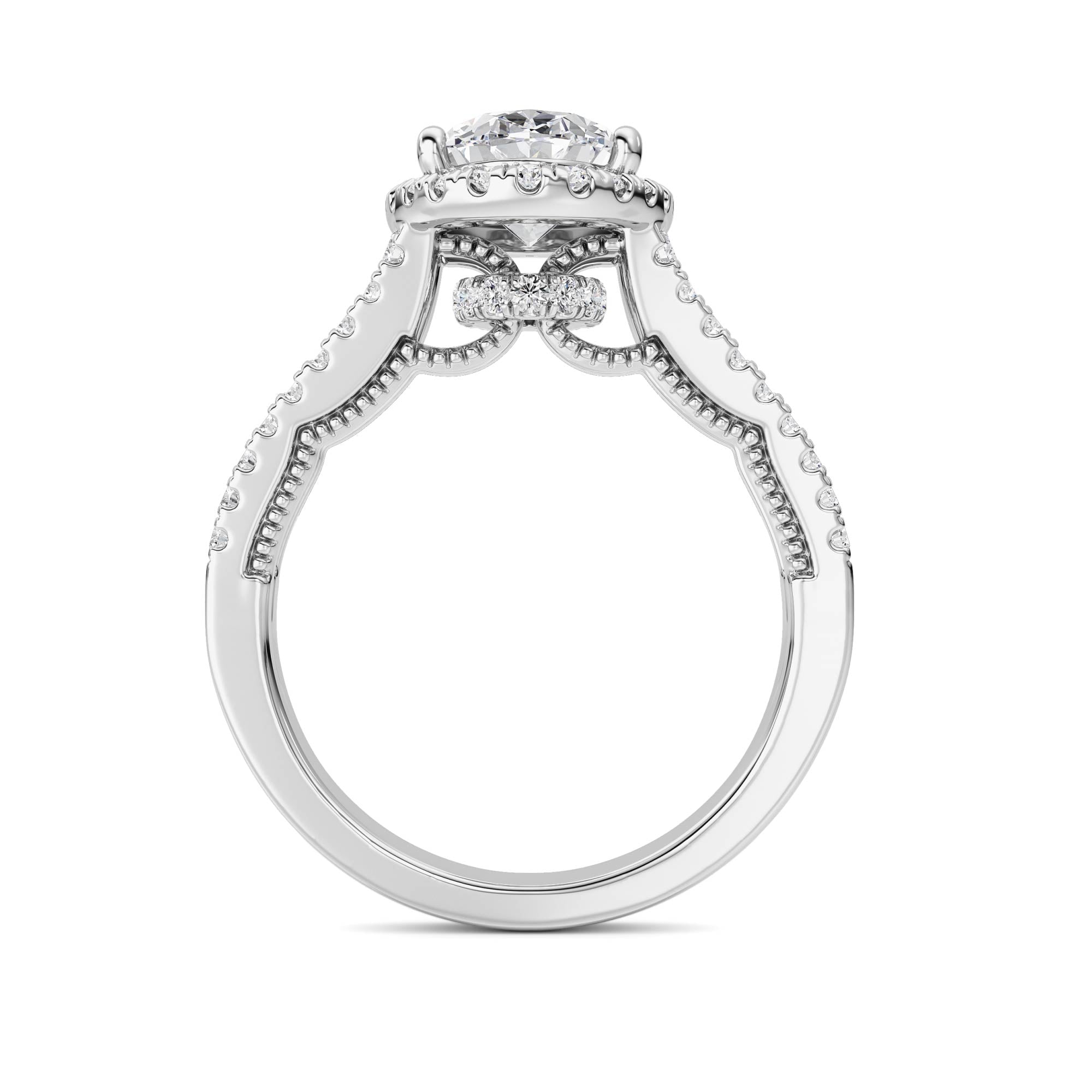 2CTW Oval Shaped Lab Grown Diamond (F/VS) Split shank Accented Ring in 14K Gold