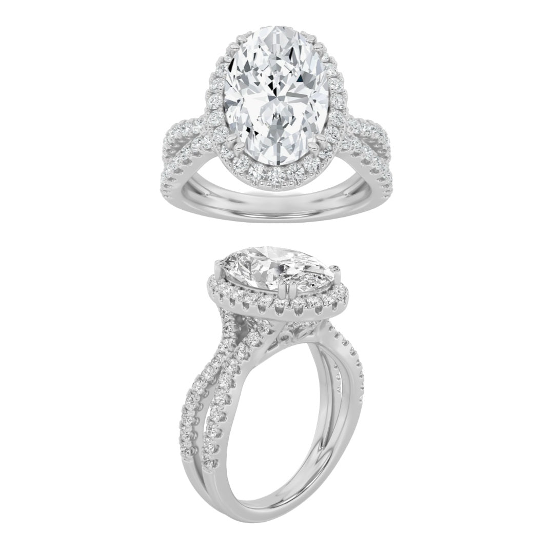 3CTW Oval Shaped Lab Grown Diamond (F/VS) Split shank Accented Ring in 14K Gold