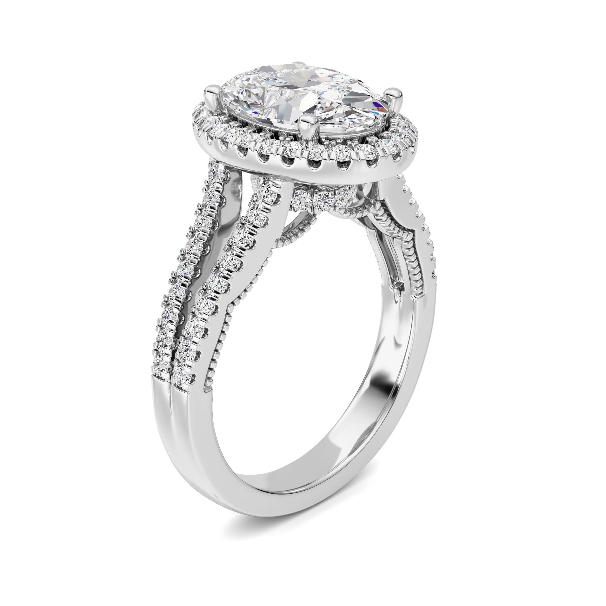 3CTW Oval Shaped Lab Grown Diamond (F/VS) Split shank Accented Ring in 14K Gold