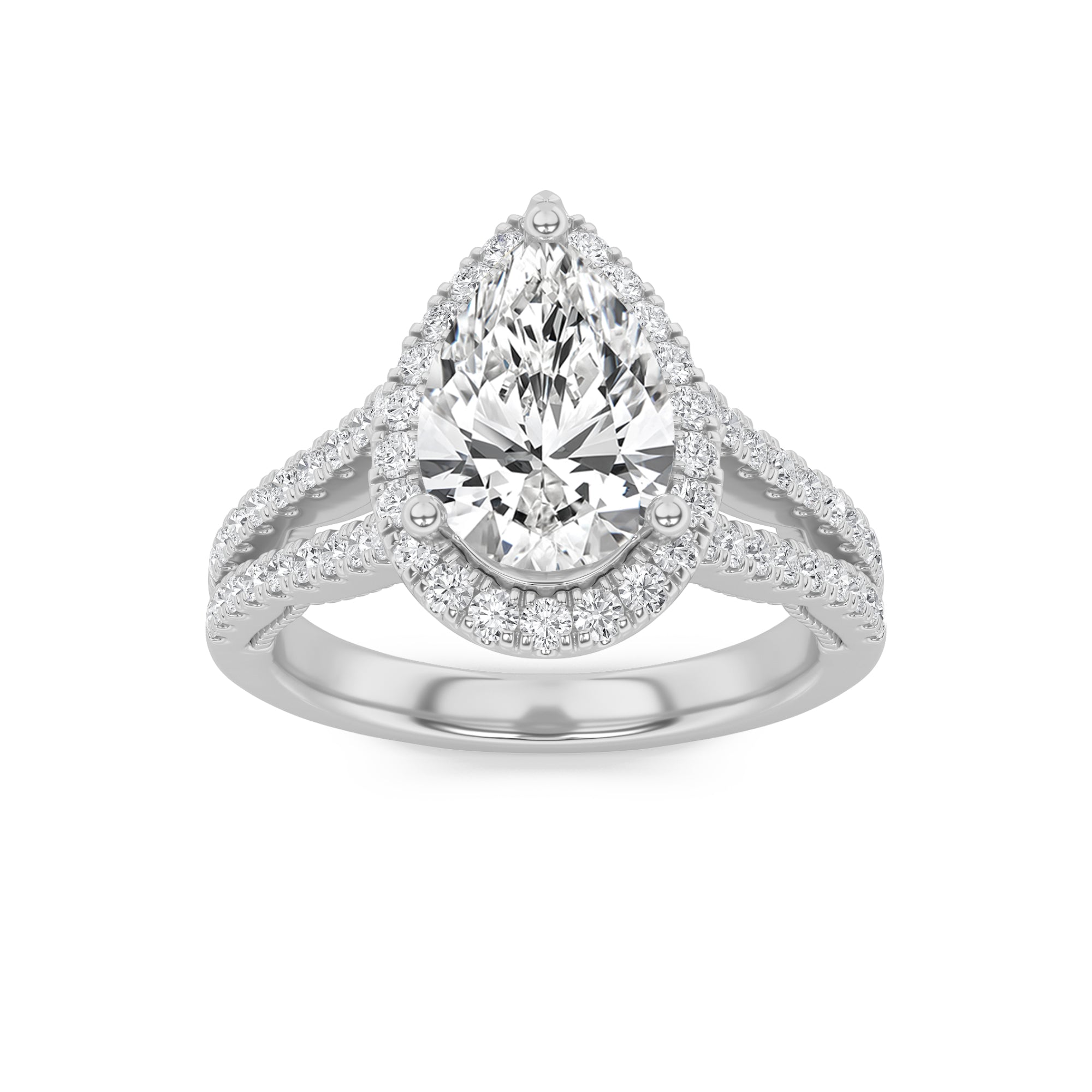 2CTW Pear Shaped Lab Grown Diamond (F/VS) Split Shank Accented Ring in 14K Gold