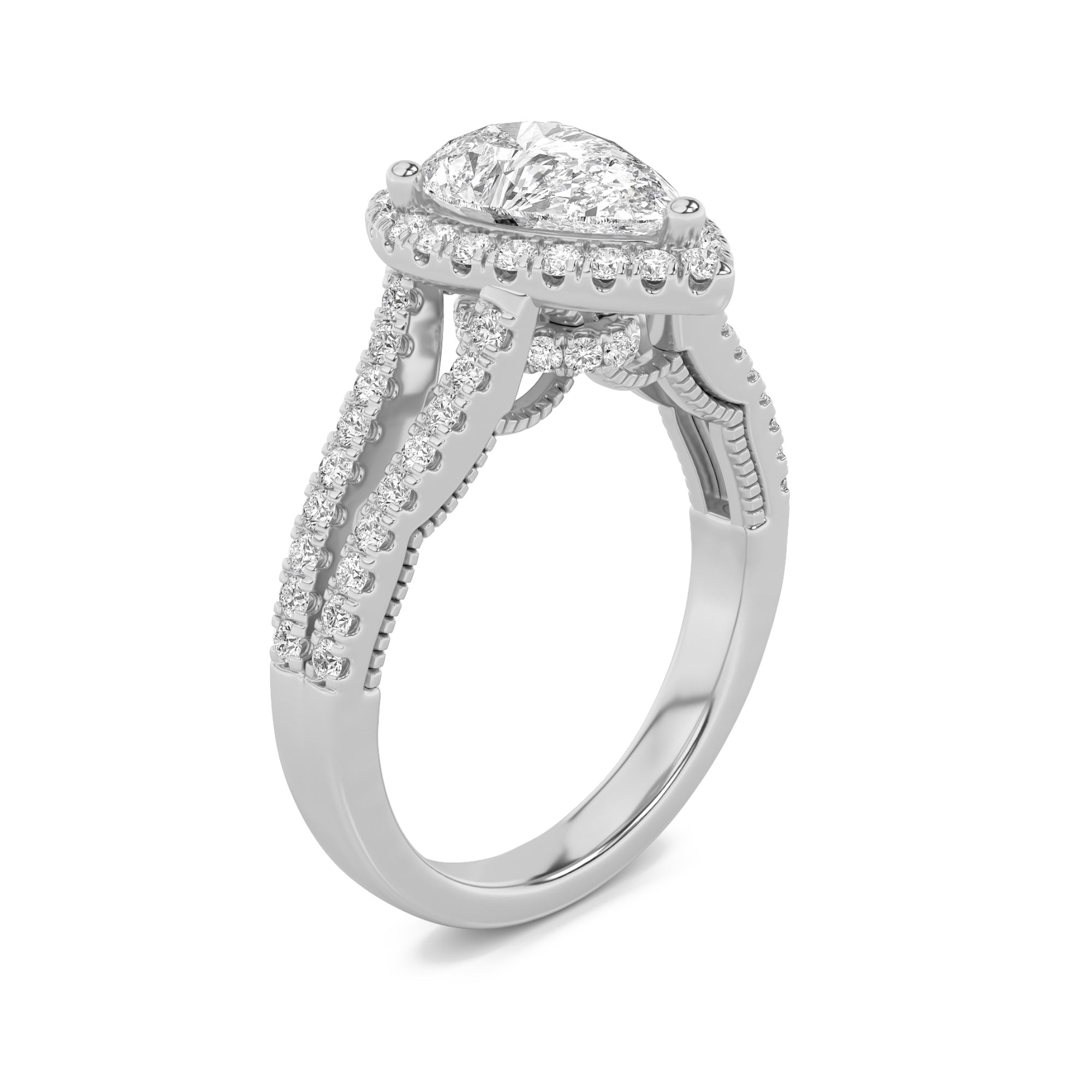 2CTW Pear Shaped Lab Grown Diamond (F/VS) Split Shank Accented Ring in 14K Gold