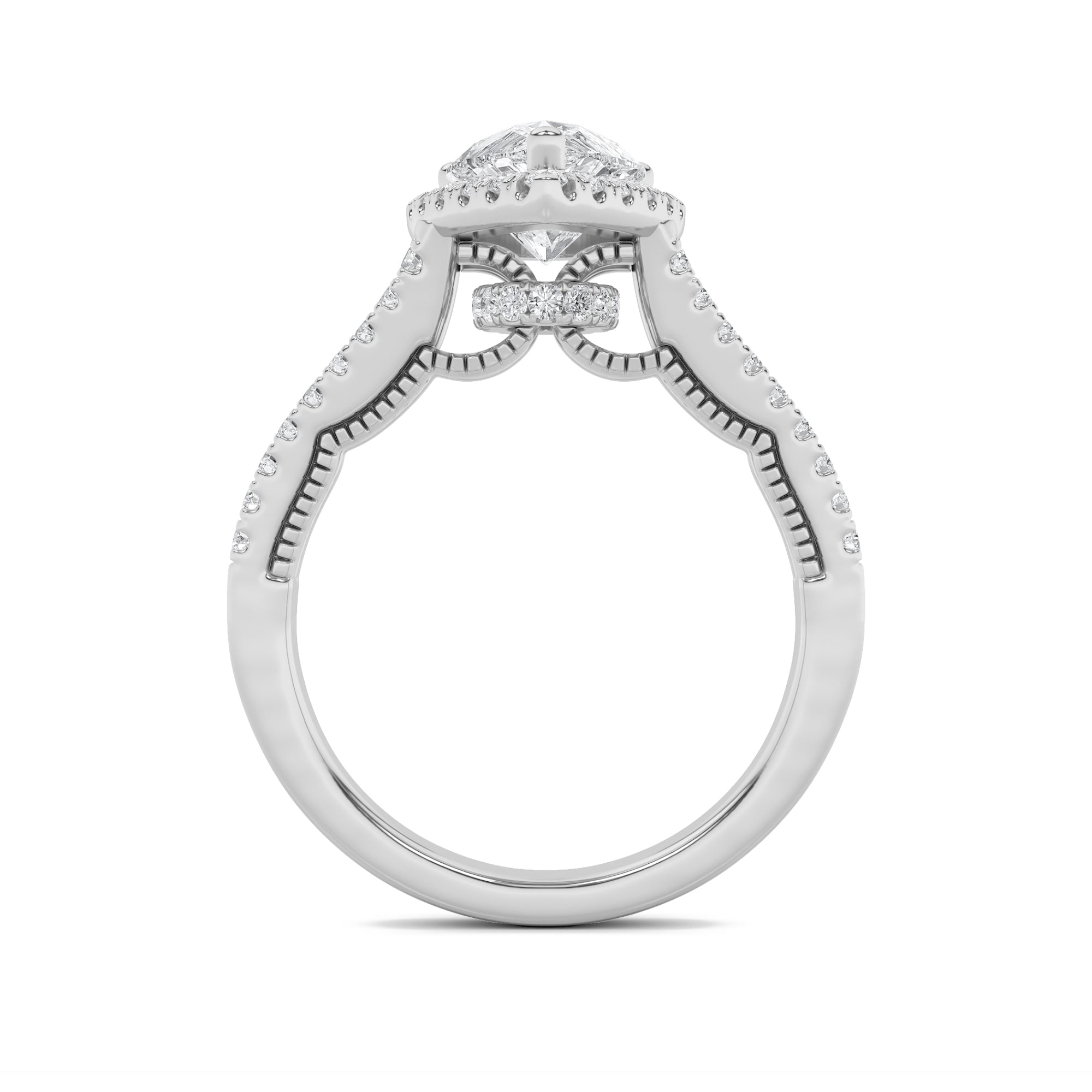 2CTW Pear Shaped Lab Grown Diamond (F/VS) Split Shank Accented Ring in 14K Gold