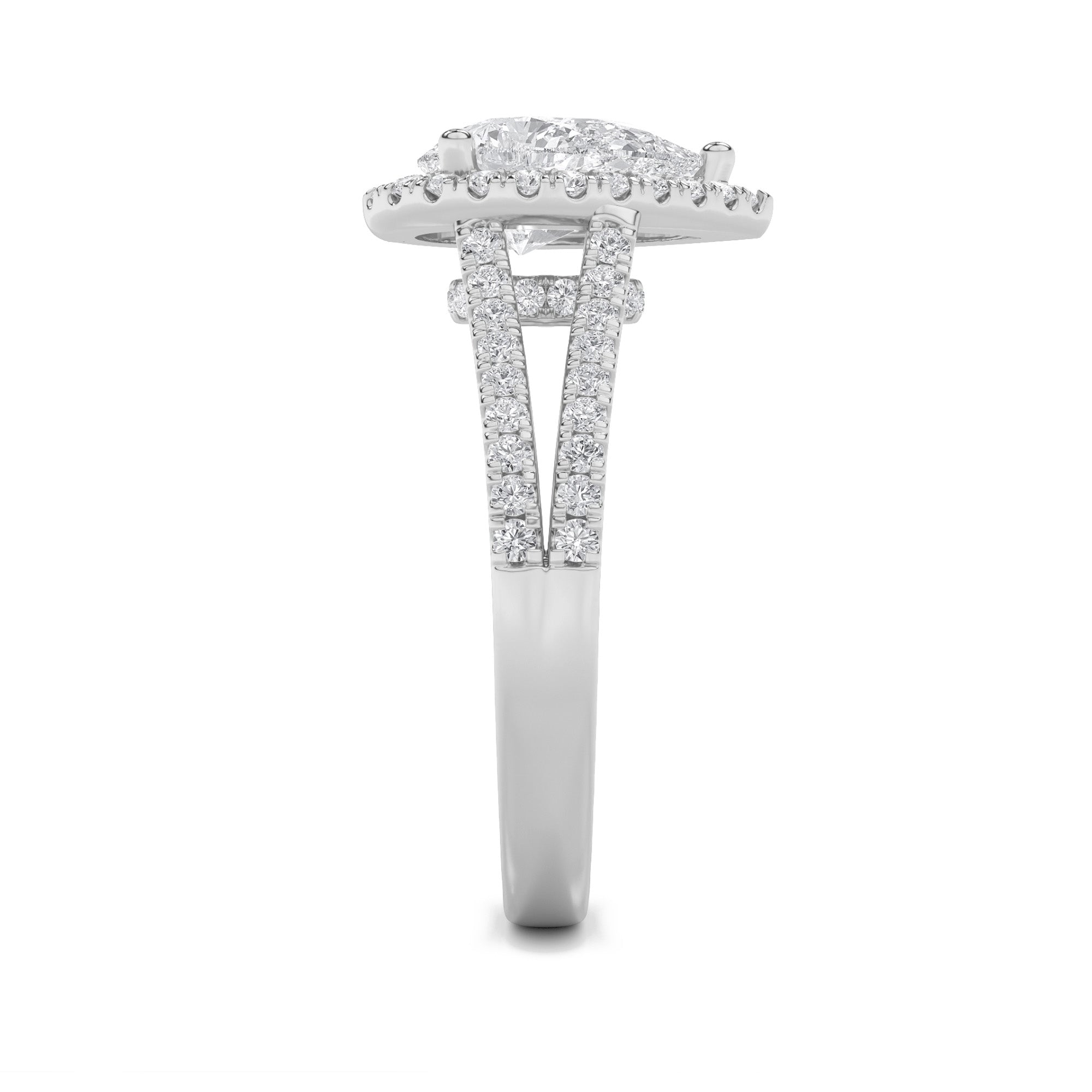 2CTW Pear Shaped Lab Grown Diamond (F/VS) Split Shank Accented Ring in 14K Gold