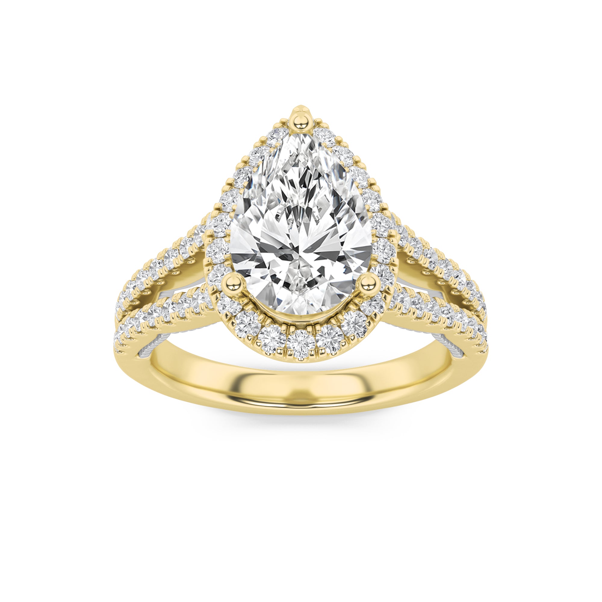 2CTW Pear Shaped Lab Grown Diamond (F/VS) Split Shank Accented Ring in 14K Gold