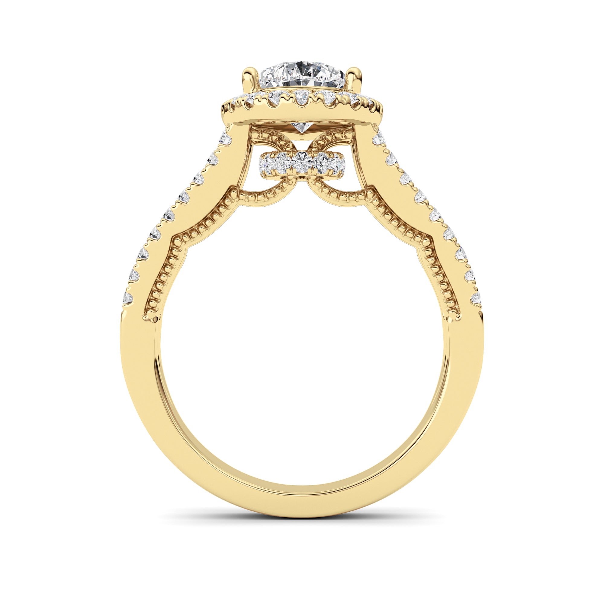 2CTW Pear Shaped Lab Grown Diamond (F/VS) Split Shank Accented Ring in 14K Gold