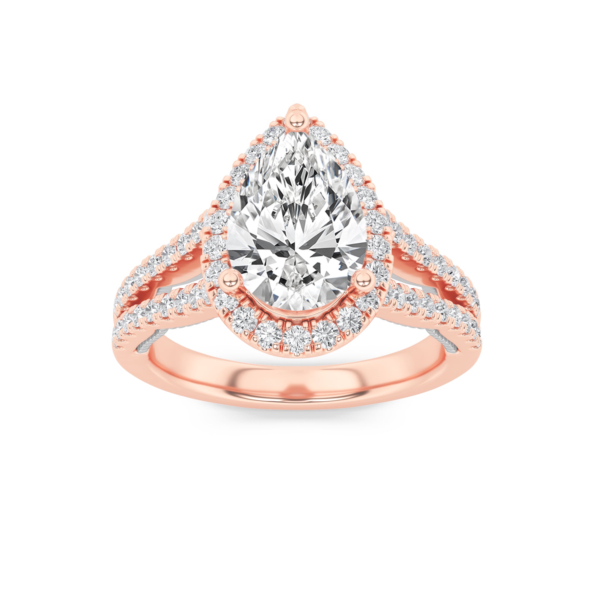 2CTW Pear Shaped Lab Grown Diamond (F/VS) Split Shank Accented Ring in 14K Gold