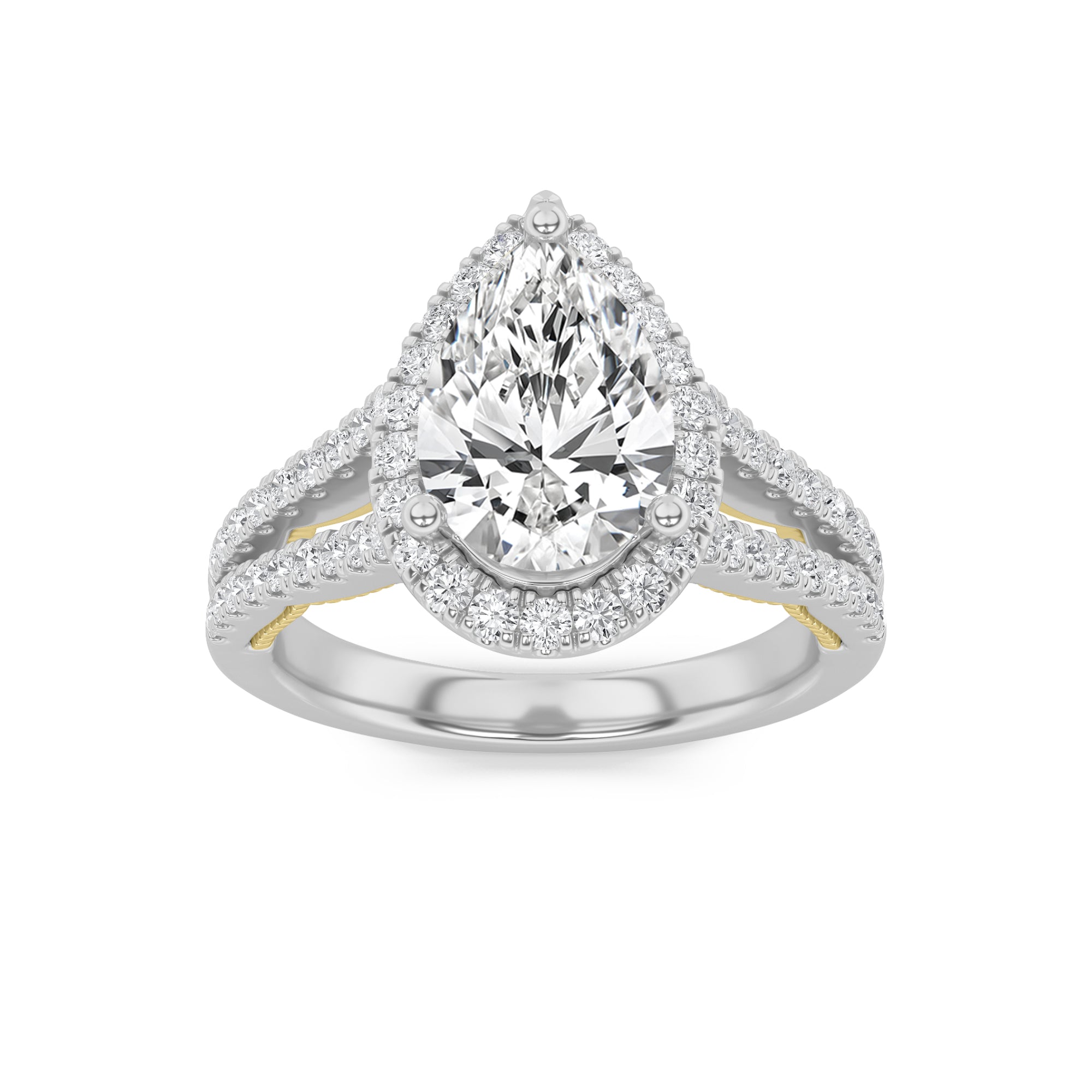 2CTW Pear Shaped Lab Grown Diamond (F/VS) Split Shank Accented Ring in 14K Gold