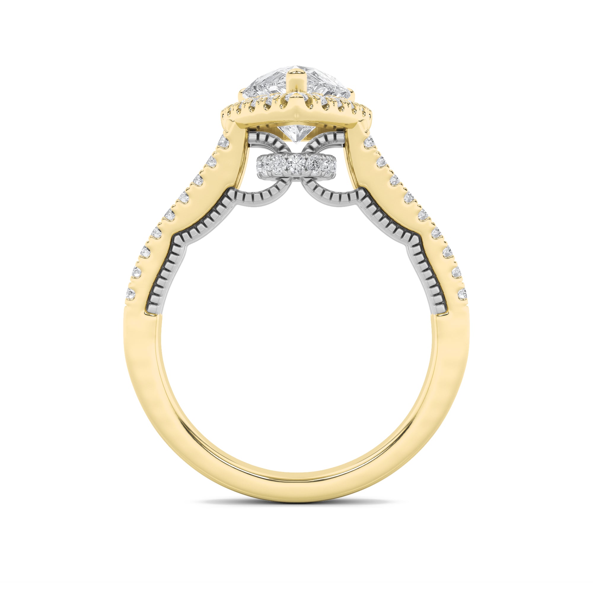 2CTW Pear Shaped Lab Grown Diamond (F/VS) Split Shank Accented Ring in 14K Gold