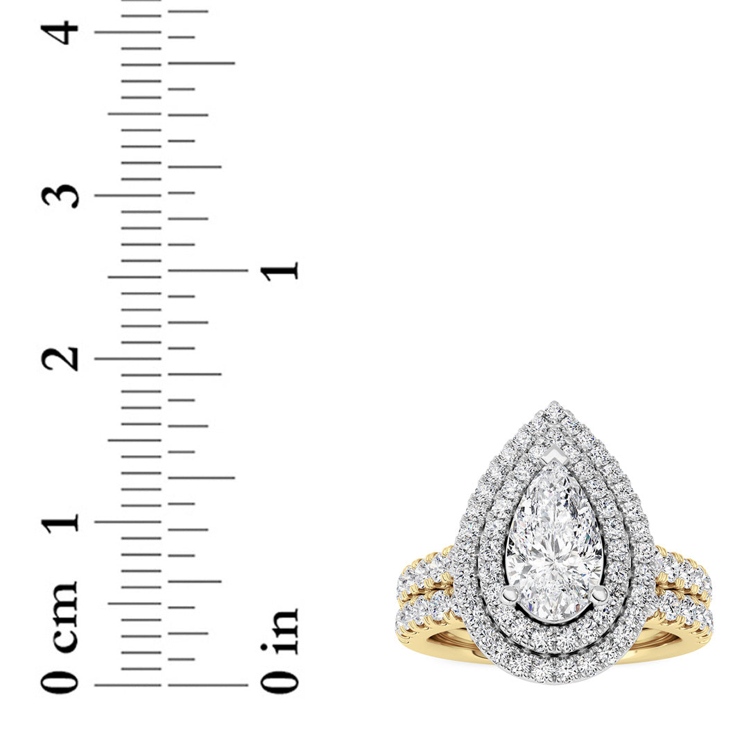 2CTW Pear Shaped Lab Grown Diamond (F/VS) Double Halo Bridal Set Engagement Ring Set in 14K Gold