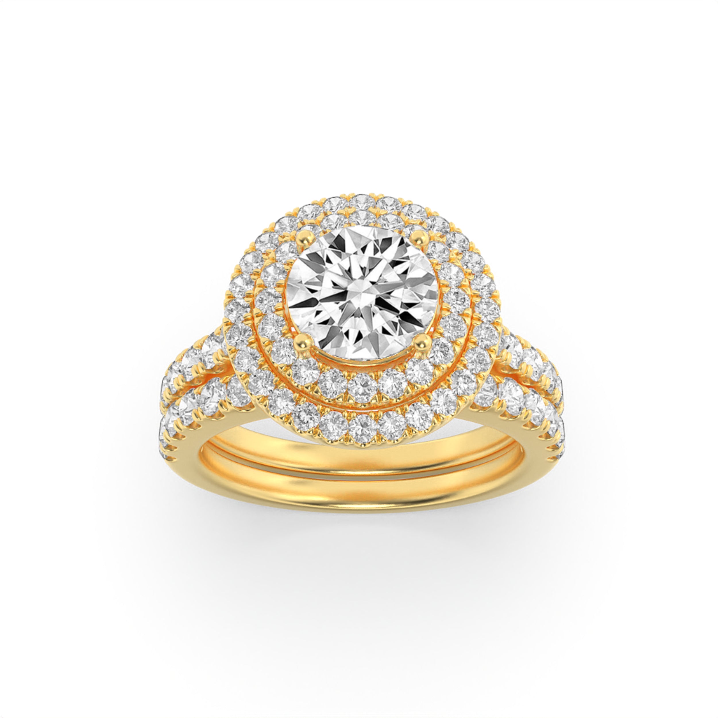 2CTW Round Shaped Lab Grown Diamond (F/VS) Double Halo Bridal Set Engagement Ring Set in 14K Gold