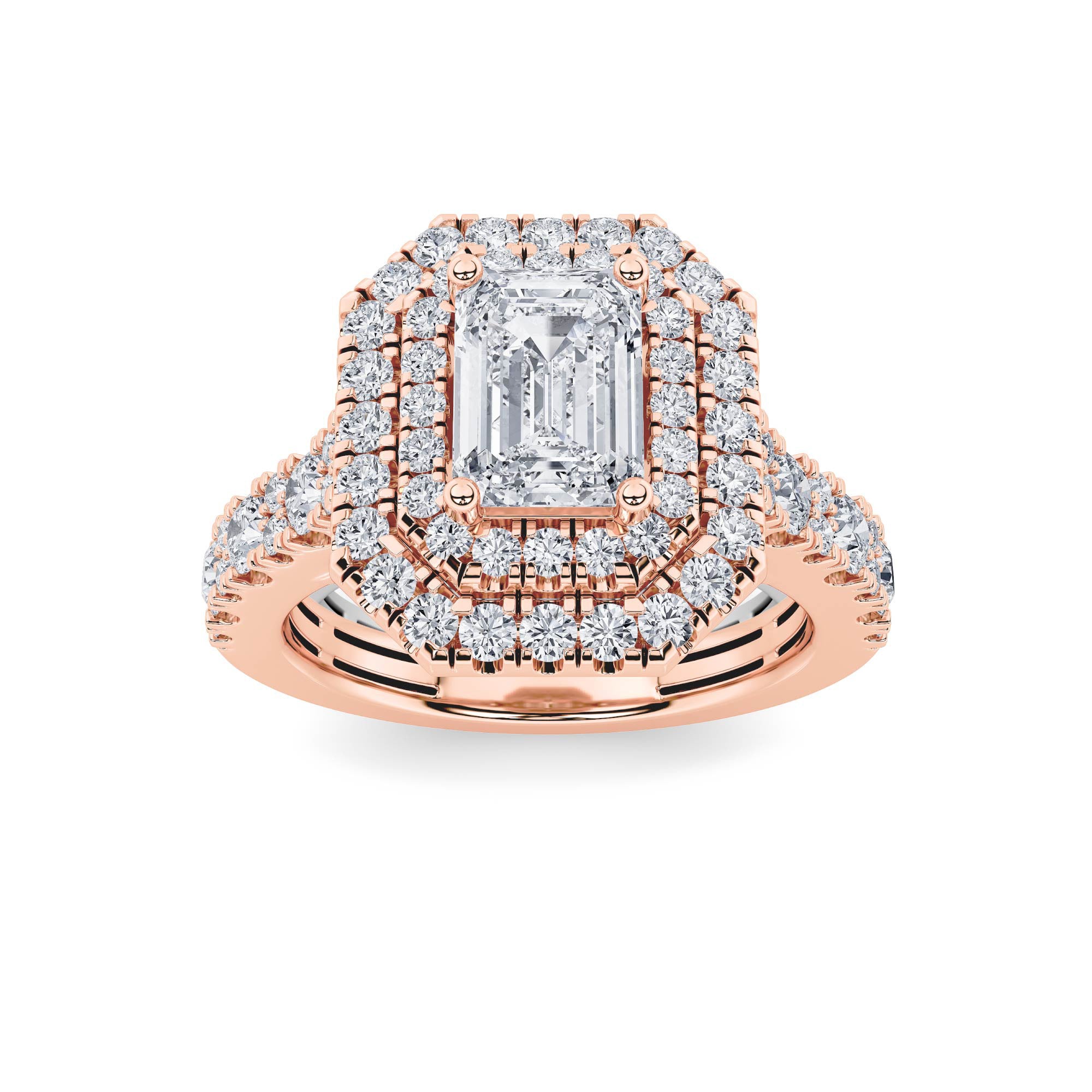 2CTW Emerald Shaped Lab Grown Diamond (F/VS) Double Halo Engagement Ring in 14K Gold
