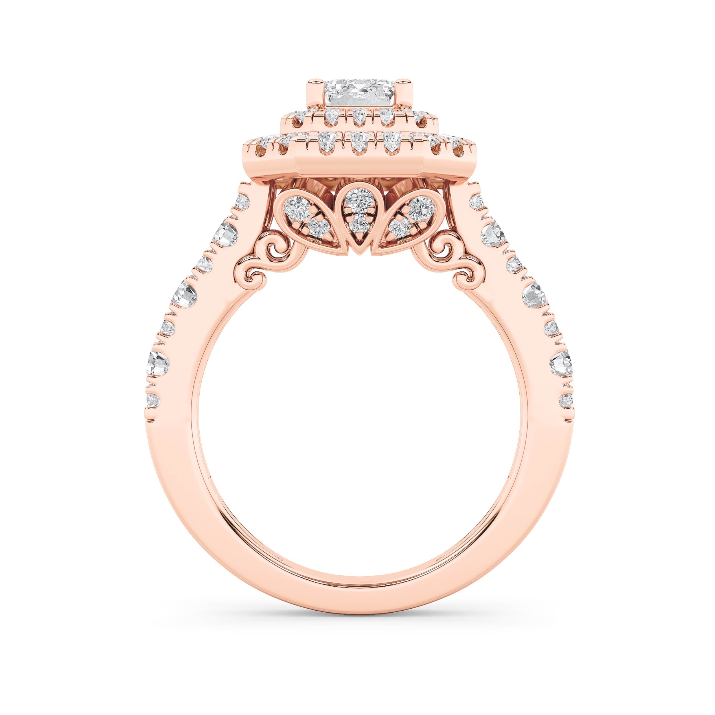 2CTW Emerald Shaped Lab Grown Diamond (F/VS) Double Halo Engagement Ring in 14K Gold
