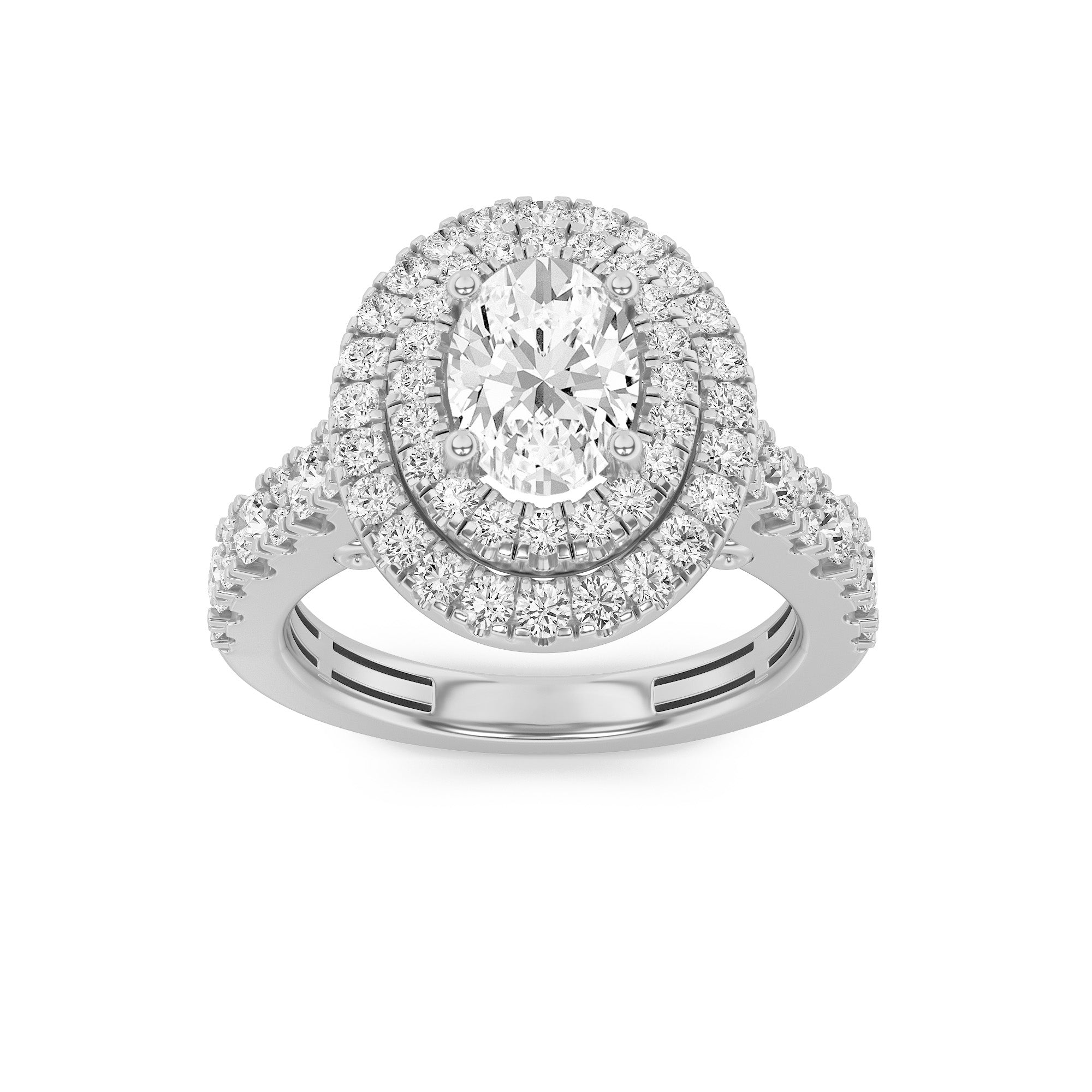 2CTW Oval Shaped Lab Grown Diamond (F/VS) Double Halo Engagement Ring in 14K Gold