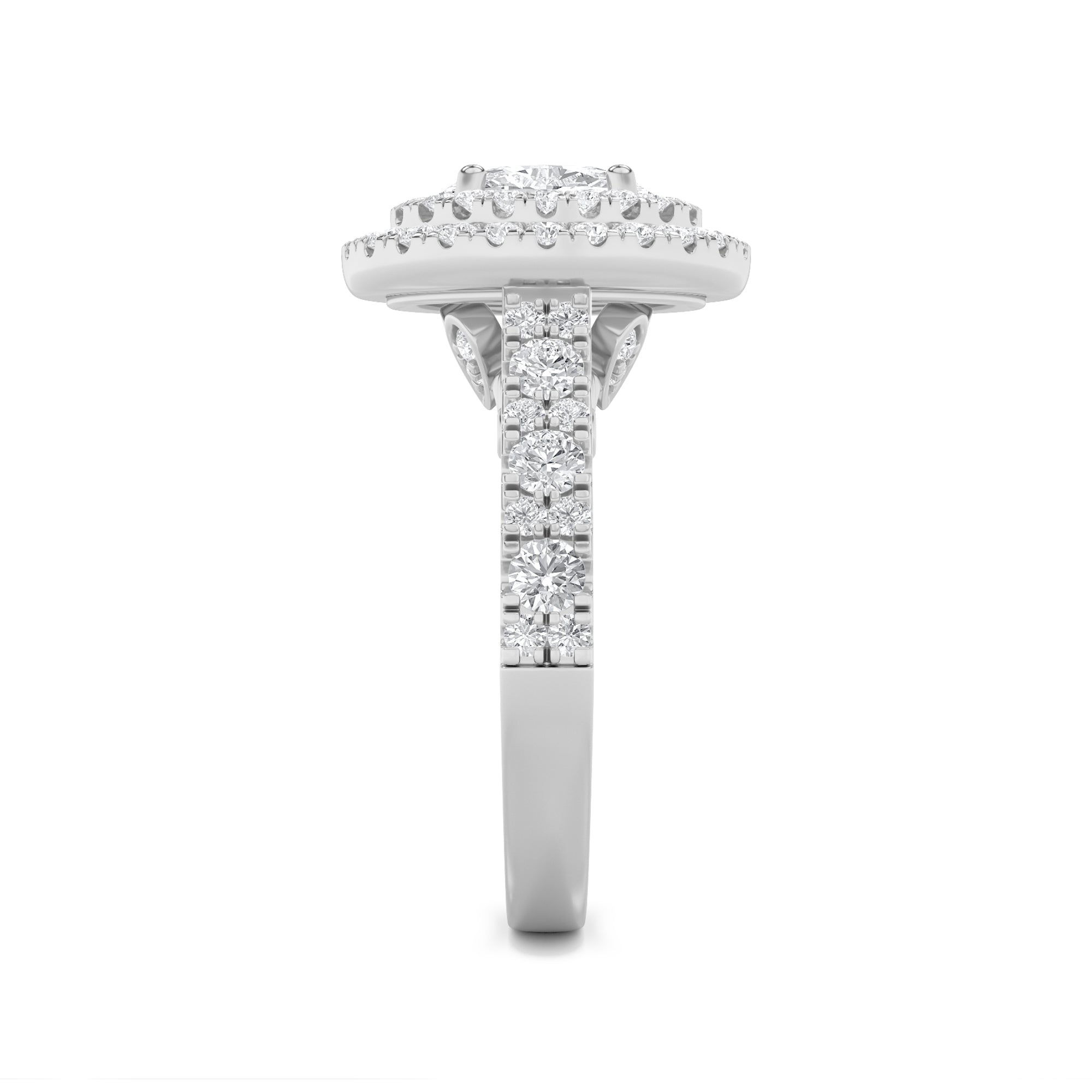 2CTW Oval Shaped Lab Grown Diamond (F/VS) Double Halo Engagement Ring in 14K Gold